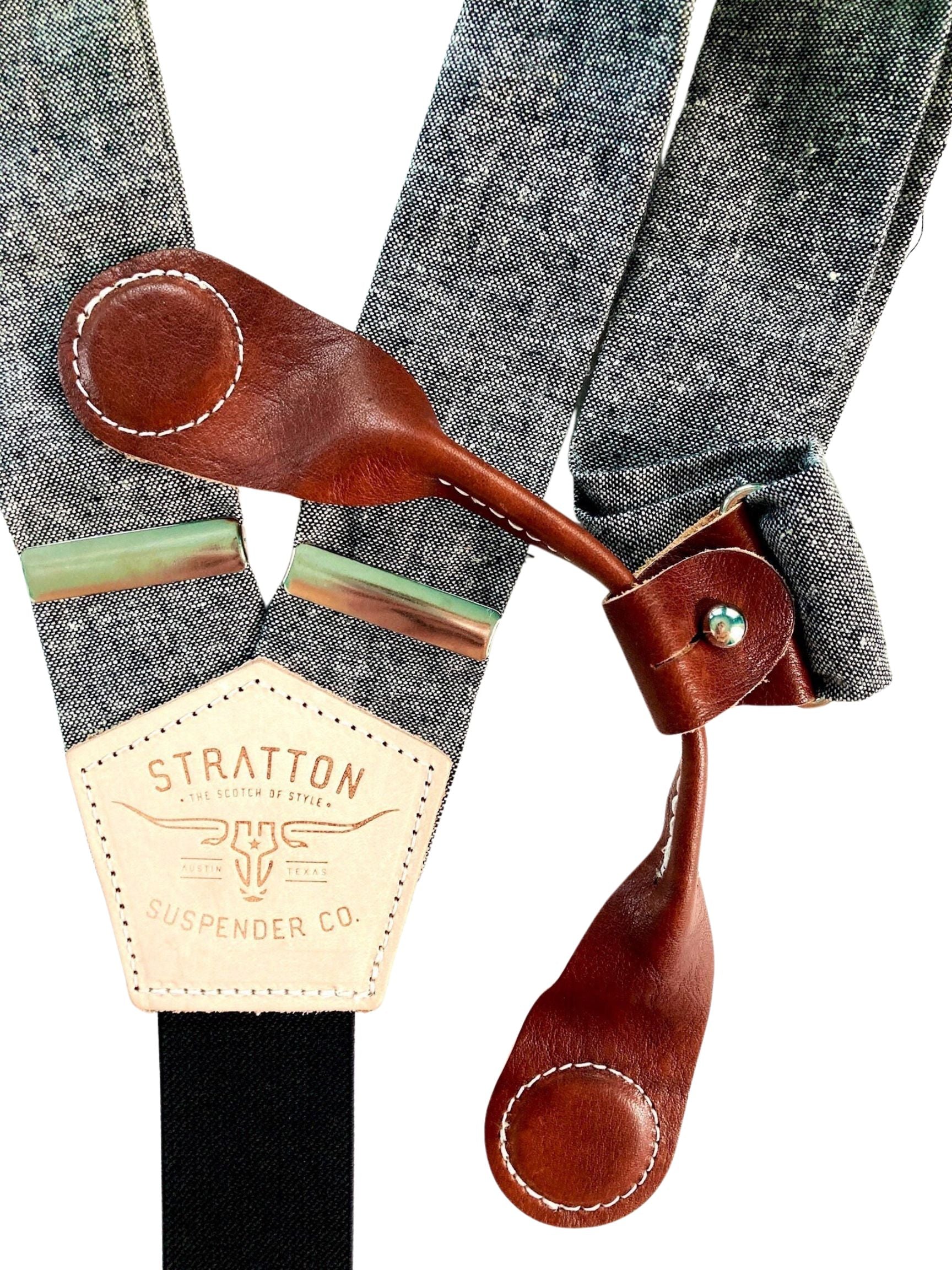 Stratton Suspenders in Texas Oil Black Linen Paired with Cognac Pontedero Leather Magnetic Clasps