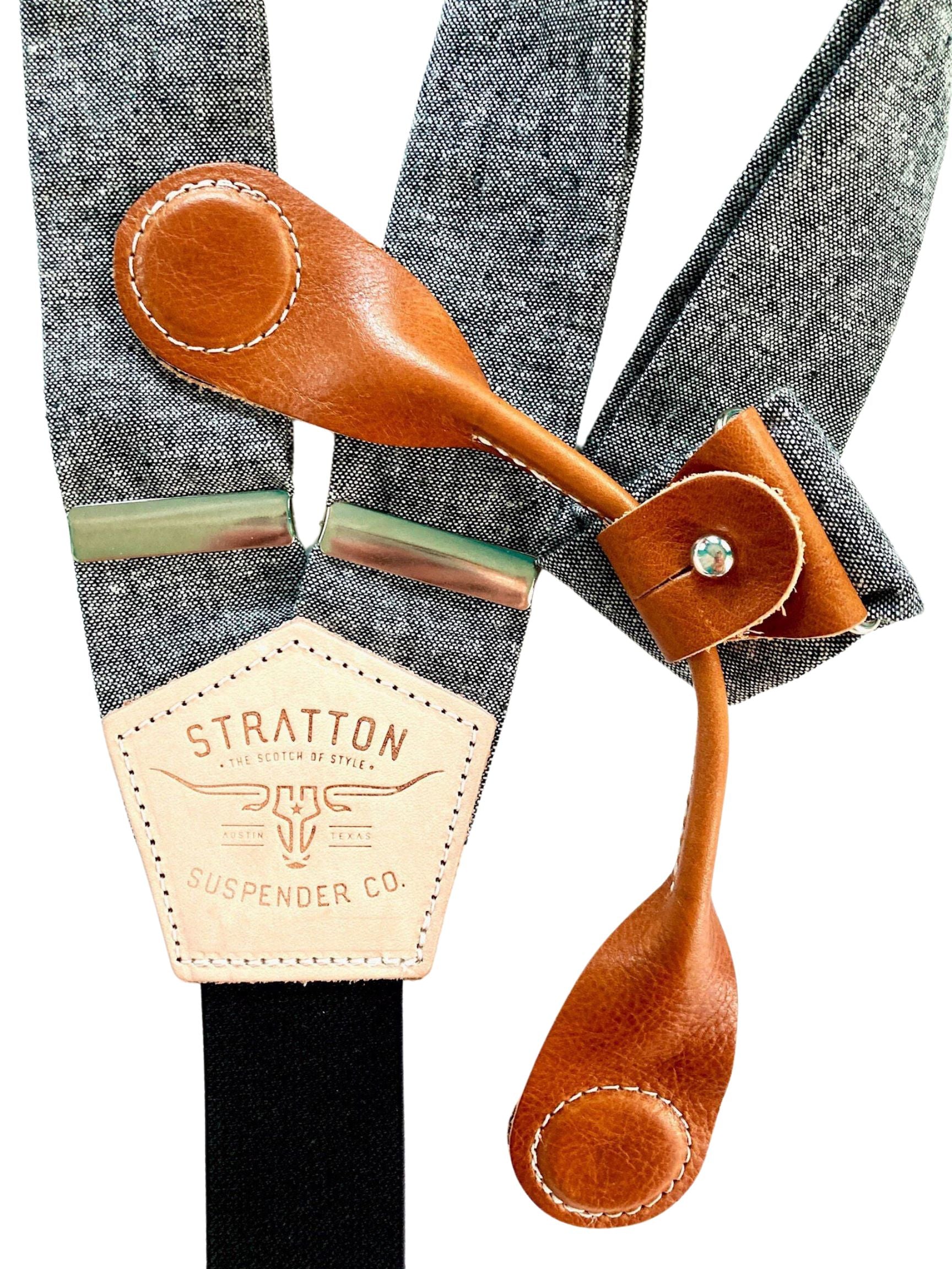 Stratton Suspenders in Texas Oil Black Linen Paired with Tan Pontedero Leather Magnetic Clasps