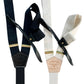 Handmade black tie and ivory linen button-on suspenders featuring full-grain veg-tan leather, gold-colored solid brass hardware, and premium soft twill elastic. Ethically made in Texas, perfect for weddings, groomsmen, formal wear, and classic heritage menswear.