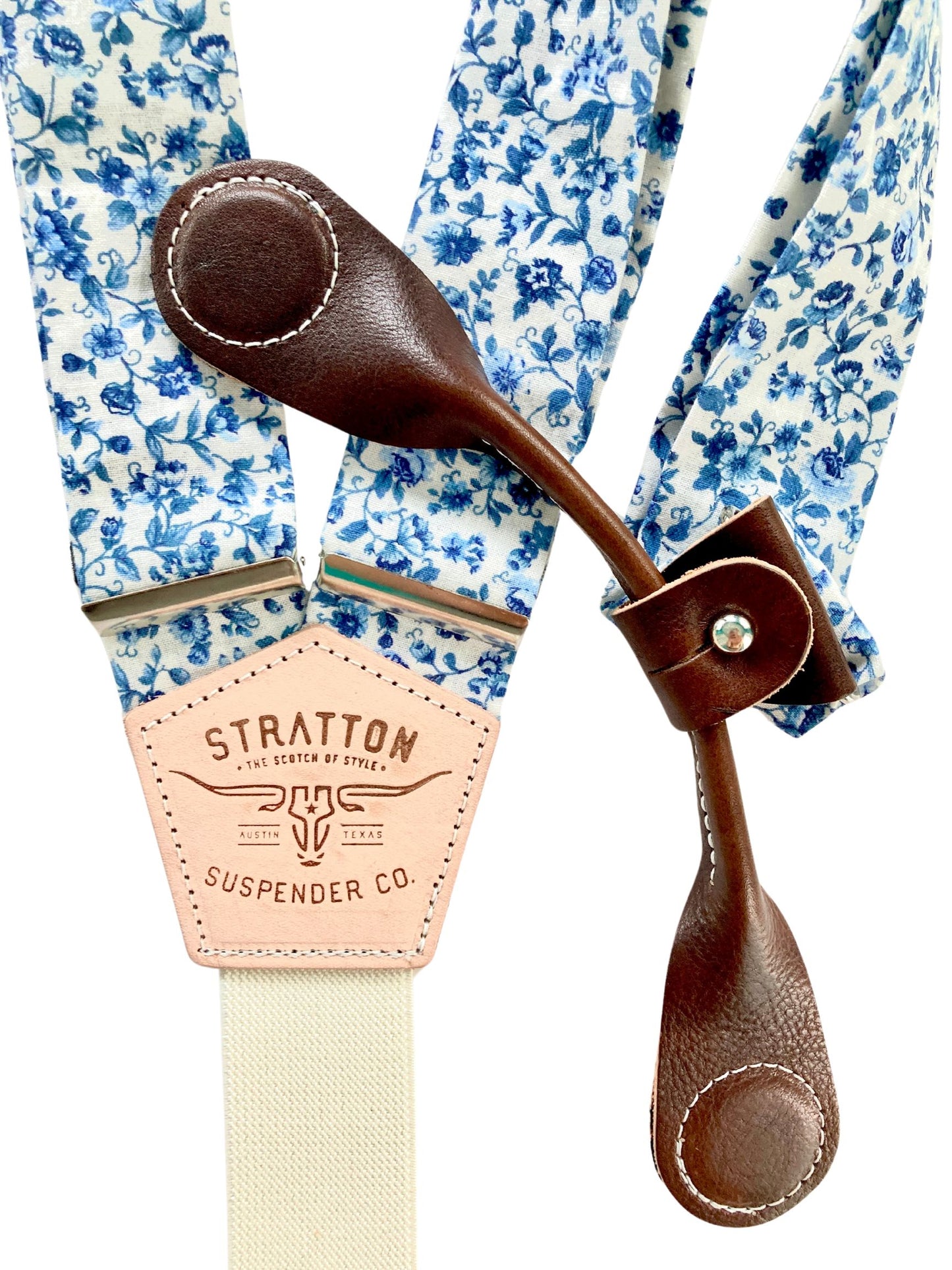 Stratton Suspenders in Blue Summertime Floral Paired with Chocolate Pontedero Leather Magnetic 