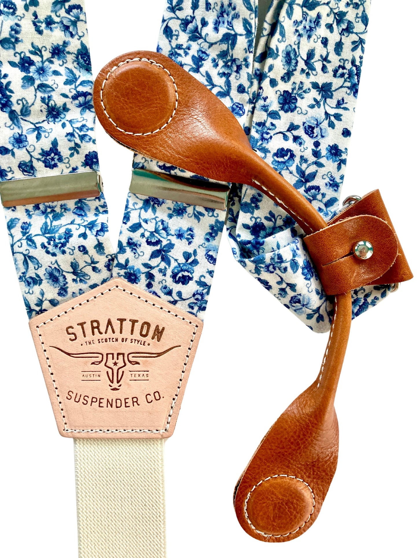 Stratton Suspenders in Blue Summertime Floral Paired with Tan Pontedero Leather Magnetic 