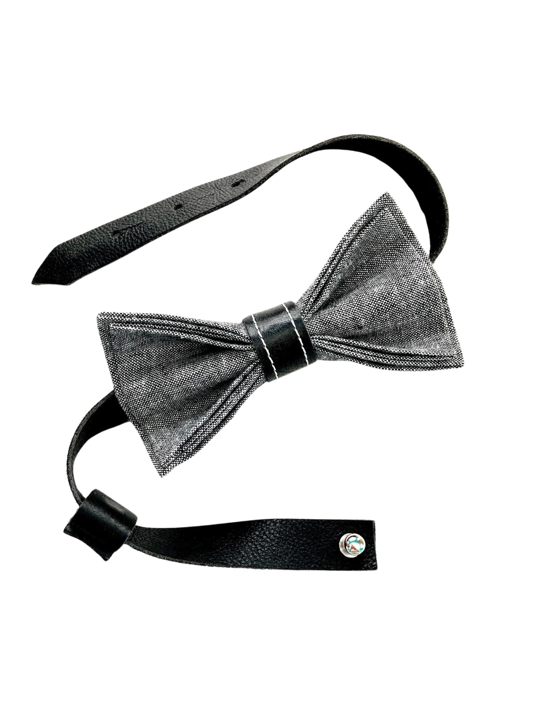 black linen bowtie with black leather knot