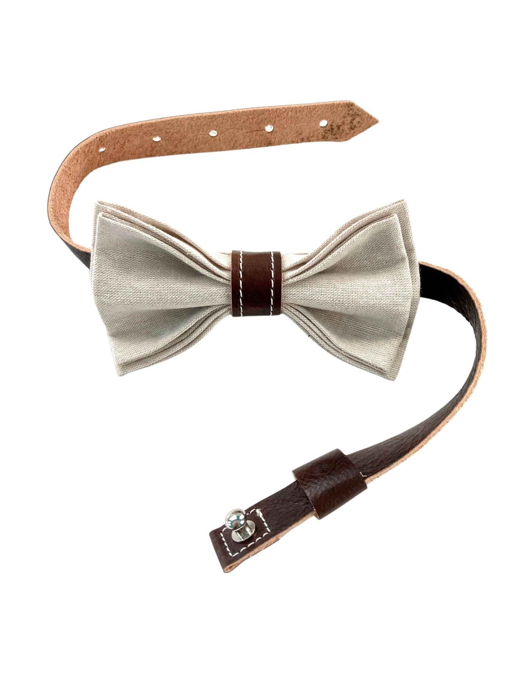 beige linen bowtie with chocolate leather knot