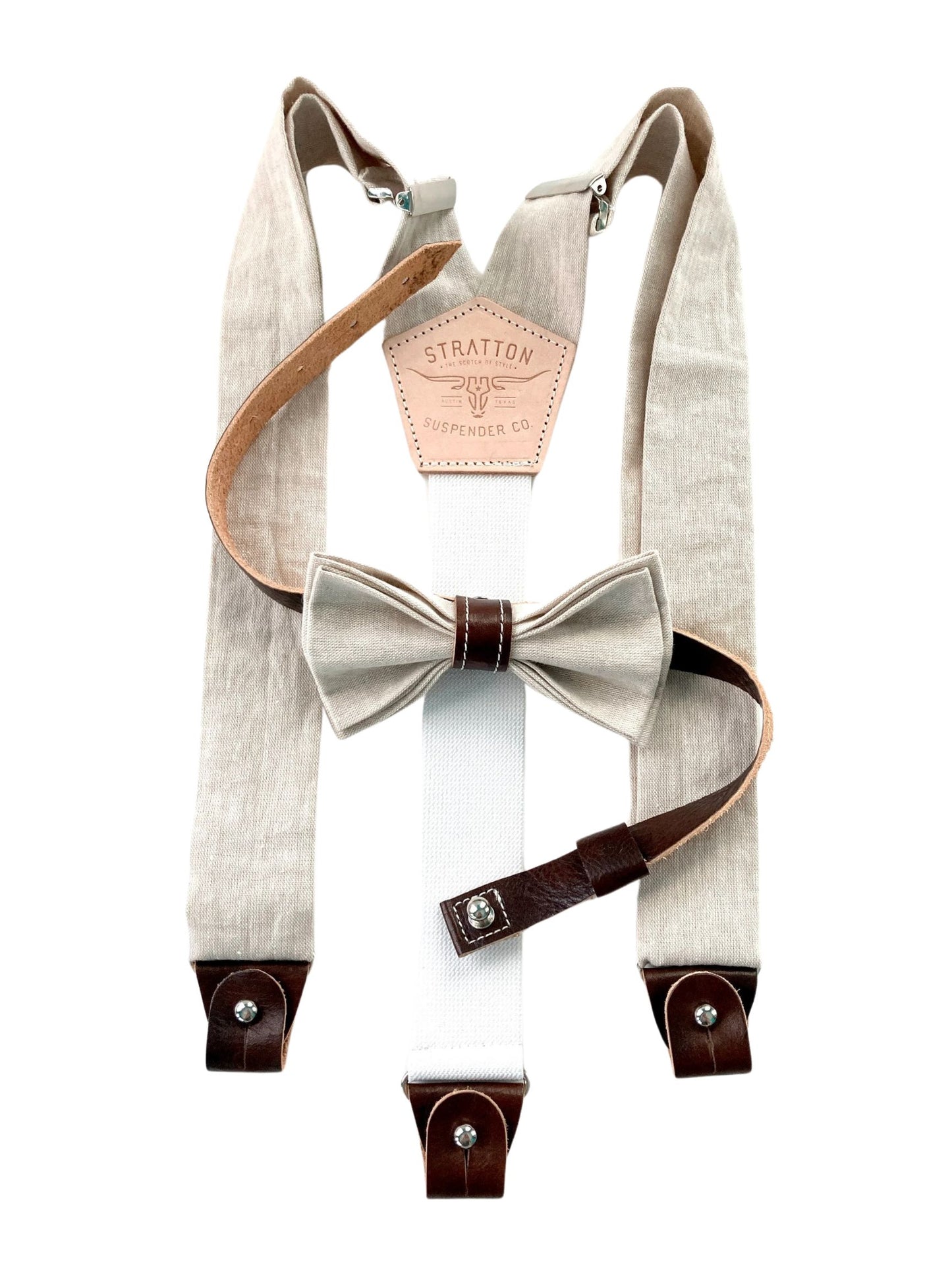 Beige linen suspenders with matching bowtie with chocolate leather knot