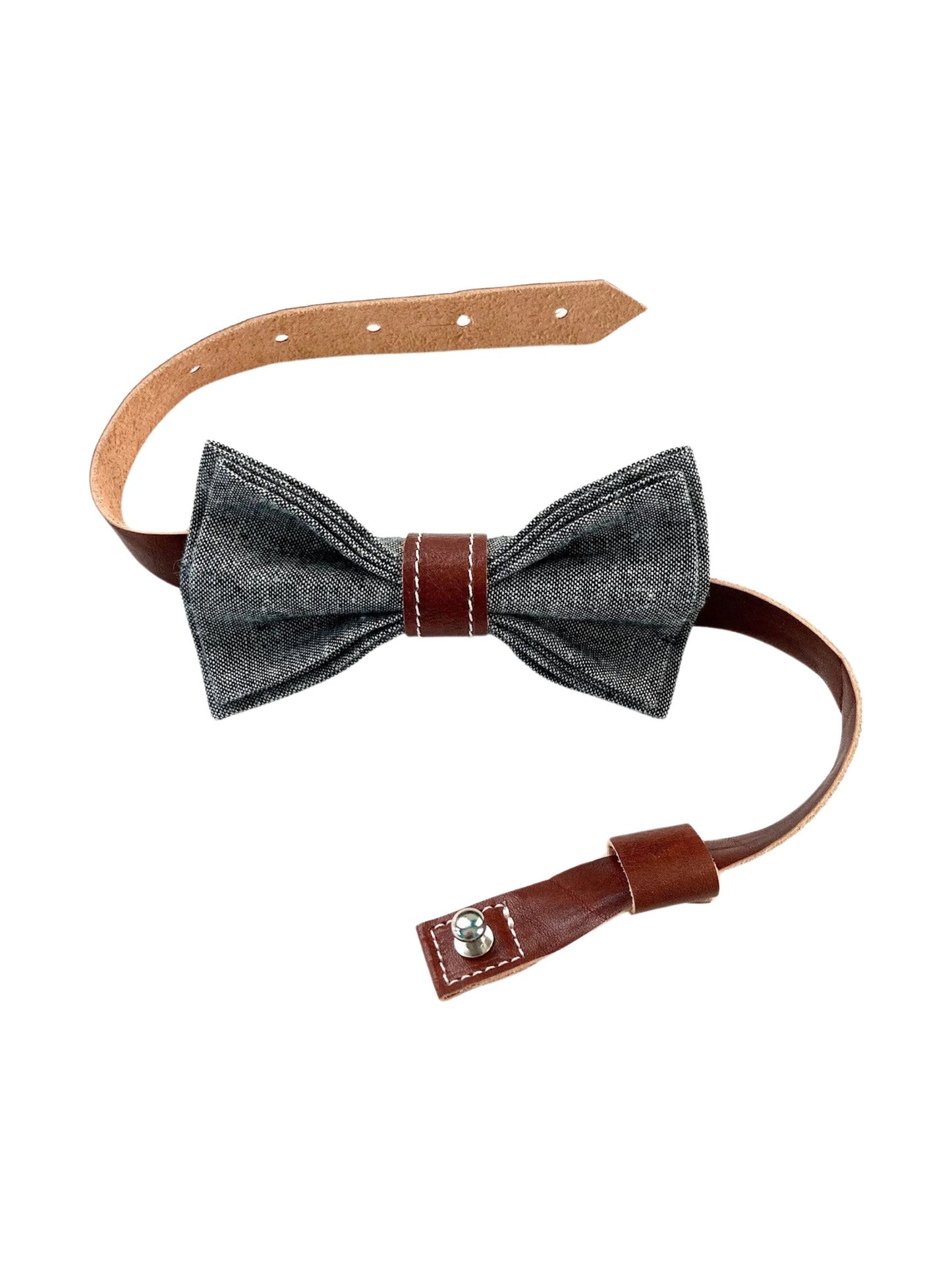 black linen bowtie with cognac leather knot