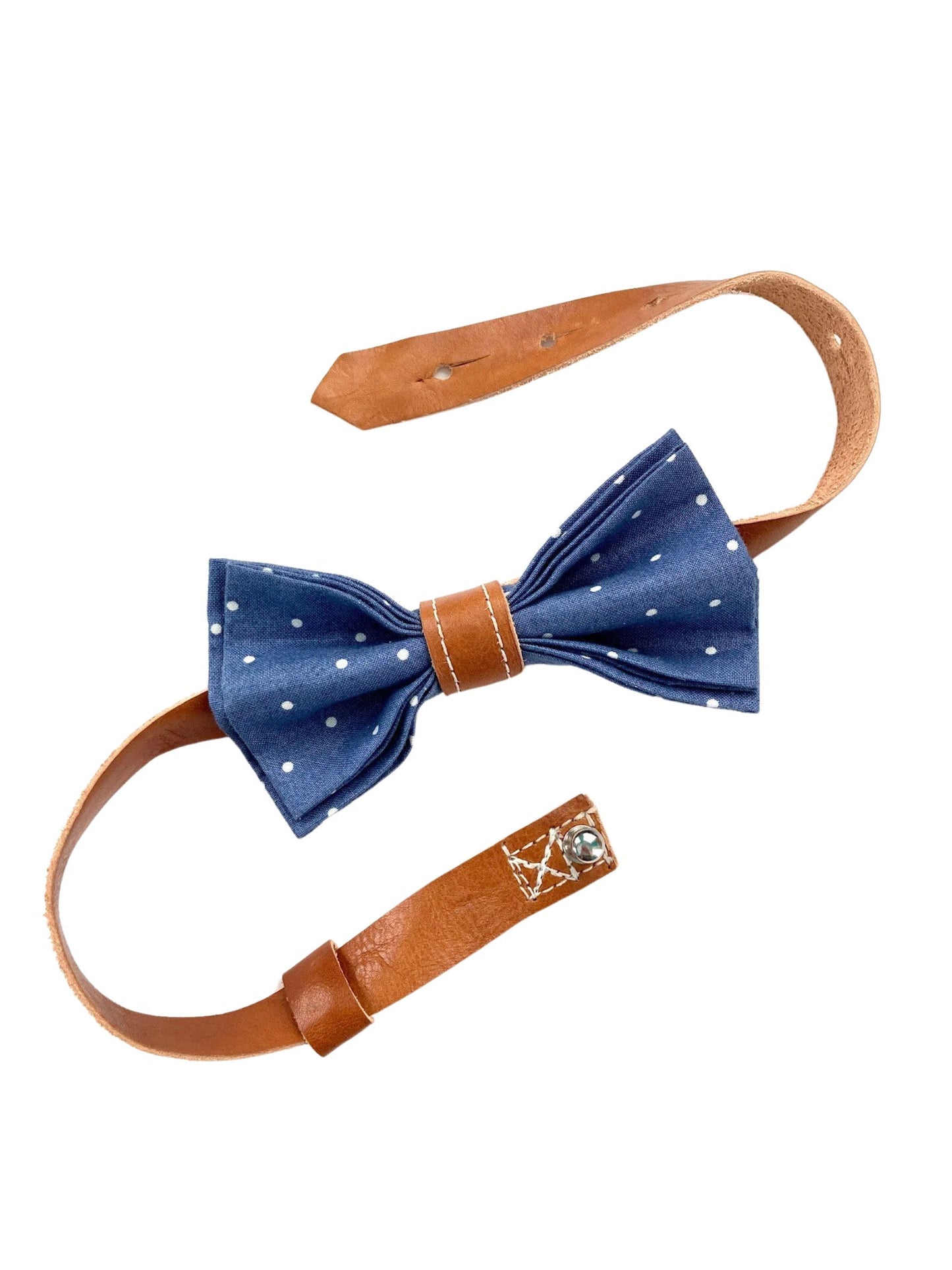 denim blue linen bowtie with tan leather knot