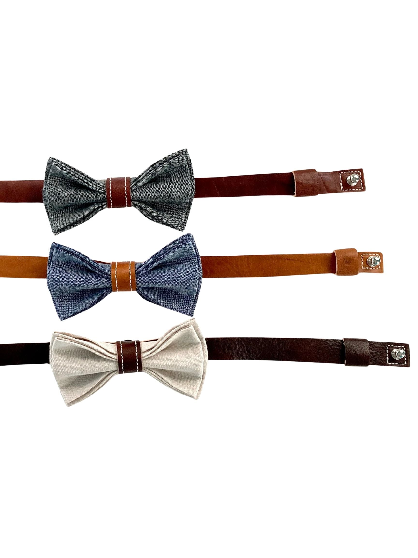 Linen bowties with leather knot Black linen bowtie with cognac leather knot

Blue linen bowtie with tan leather knot 

Beige linen bowtie with chocolate knot