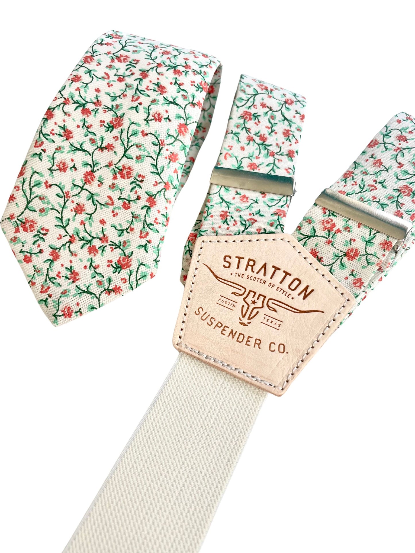 Limited Edition - Tangerine Orange and Emerald Green Floral Calico Floral Suspenders with Matching Tie and Handkerchief Set