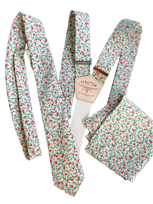 Limited Edition - Tangerine Orange and Emerald Green Floral Calico Floral Suspenders with Matching Tie and Handkerchief Set