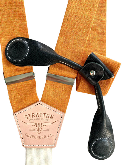 Stratton Suspender Co. features the orange linen suspenders on veg tan shoulder leather with cream colored elastic back strap for the Fall suspenders collection clasps in black Pontedero Italian leather hand-picked by Stratton Suspender Co.