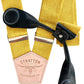 Stratton Suspender Co. features the Yellow linen suspenders on veg tan shoulder leather with cream colored elastic back strap for the Fall 2022 suspenders collection Magnetic Stratton Suspender clasps in Black Pontedero Italian leather hand-picked by Stratton Suspender Co.
