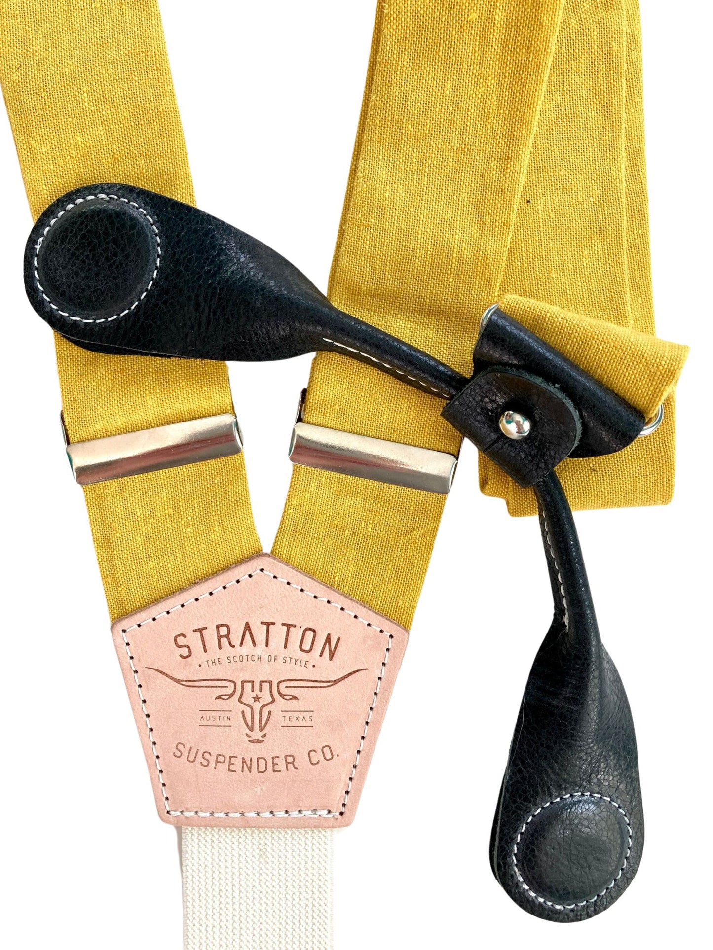 Stratton Suspender Co. features the Yellow linen suspenders on veg tan shoulder leather with cream colored elastic back strap for the Fall 2022 suspenders collection Magnetic Stratton Suspender clasps in Black Pontedero Italian leather hand-picked by Stratton Suspender Co.