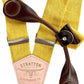 Stratton Suspender Co. features the Yellow linen suspenders on veg tan shoulder leather with cream colored elastic back strap for the Fall 2022 suspenders collection Magnetic Stratton Suspender clasps in Chocolate Pontedero Italian leather hand-picked by Stratton Suspender Co.