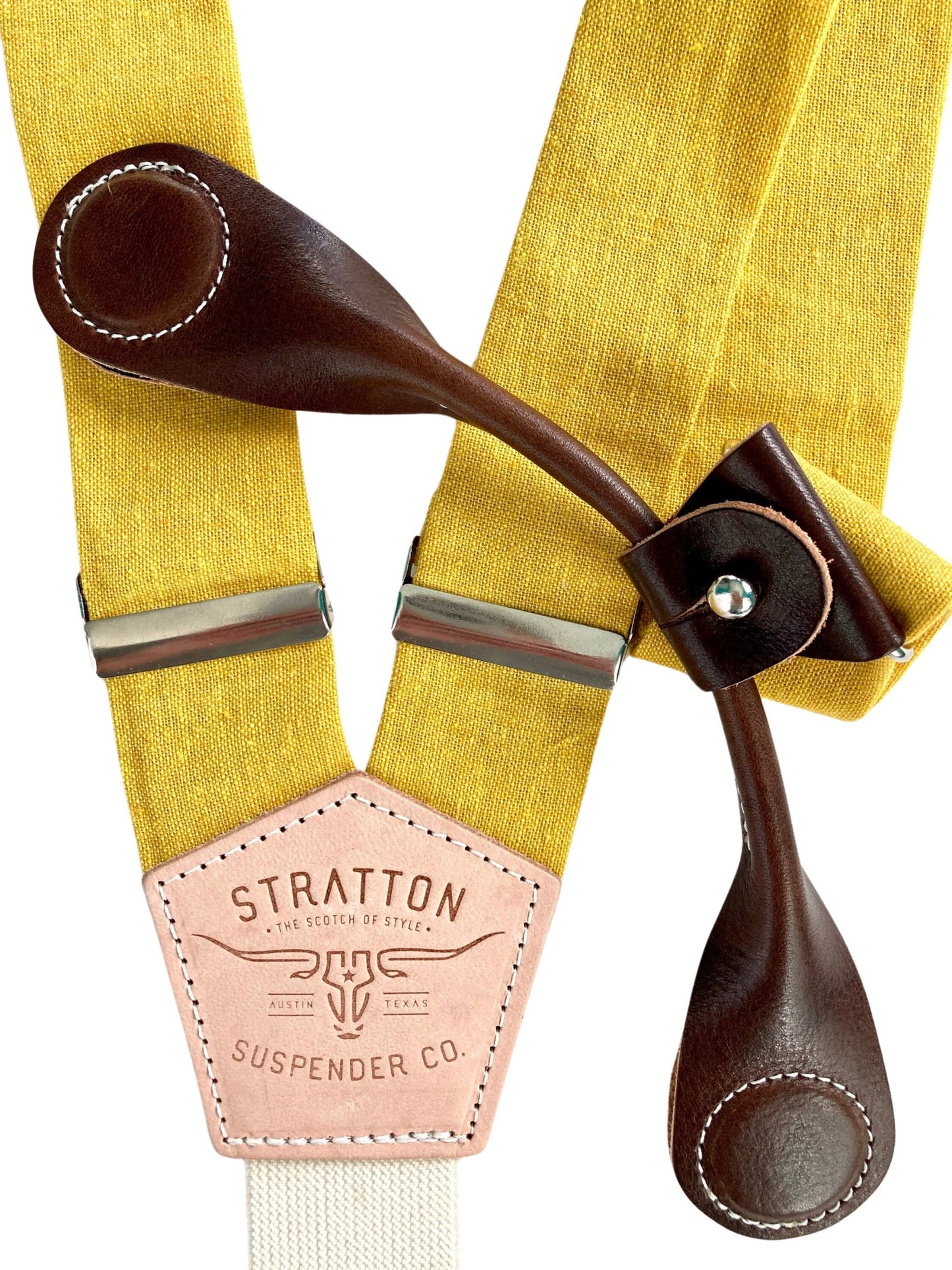 Stratton Suspender Co. features the Yellow linen suspenders on veg tan shoulder leather with cream colored elastic back strap for the Fall 2022 suspenders collection Magnetic Stratton Suspender clasps in Chocolate Pontedero Italian leather hand-picked by Stratton Suspender Co.