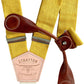 Stratton Suspender Co. features the Yellow linen suspenders on veg tan shoulder leather with cream colored elastic back strap for the Fall 2022 suspenders collection Magnetic Stratton Suspender clasps in Cognac Pontedero Italian leather hand-picked by Stratton Suspender Co.