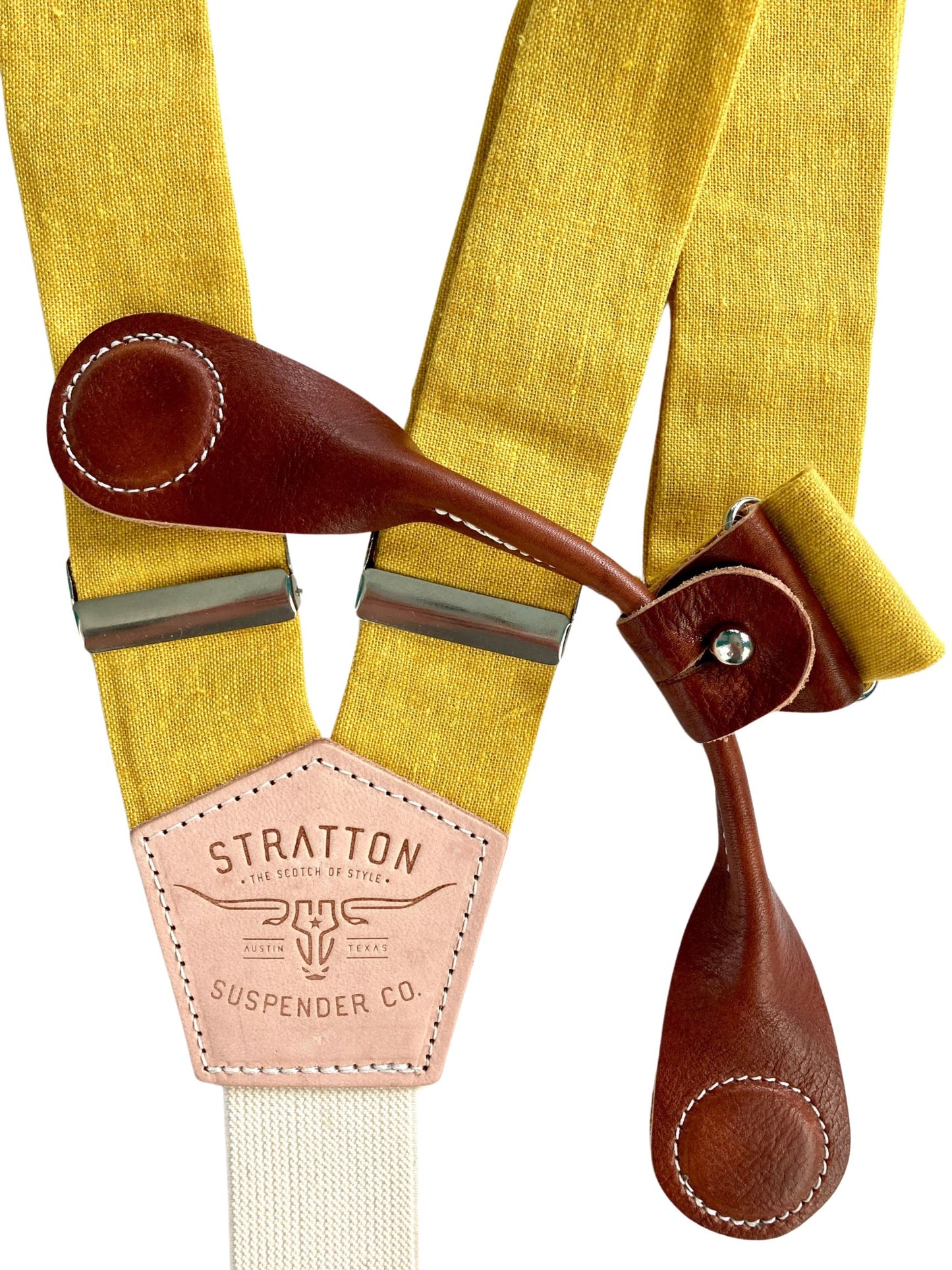 Stratton Suspender Co. features the Yellow linen suspenders on veg tan shoulder leather with cream colored elastic back strap for the Fall 2022 suspenders collection Magnetic Stratton Suspender clasps in Cognac Pontedero Italian leather hand-picked by Stratton Suspender Co.