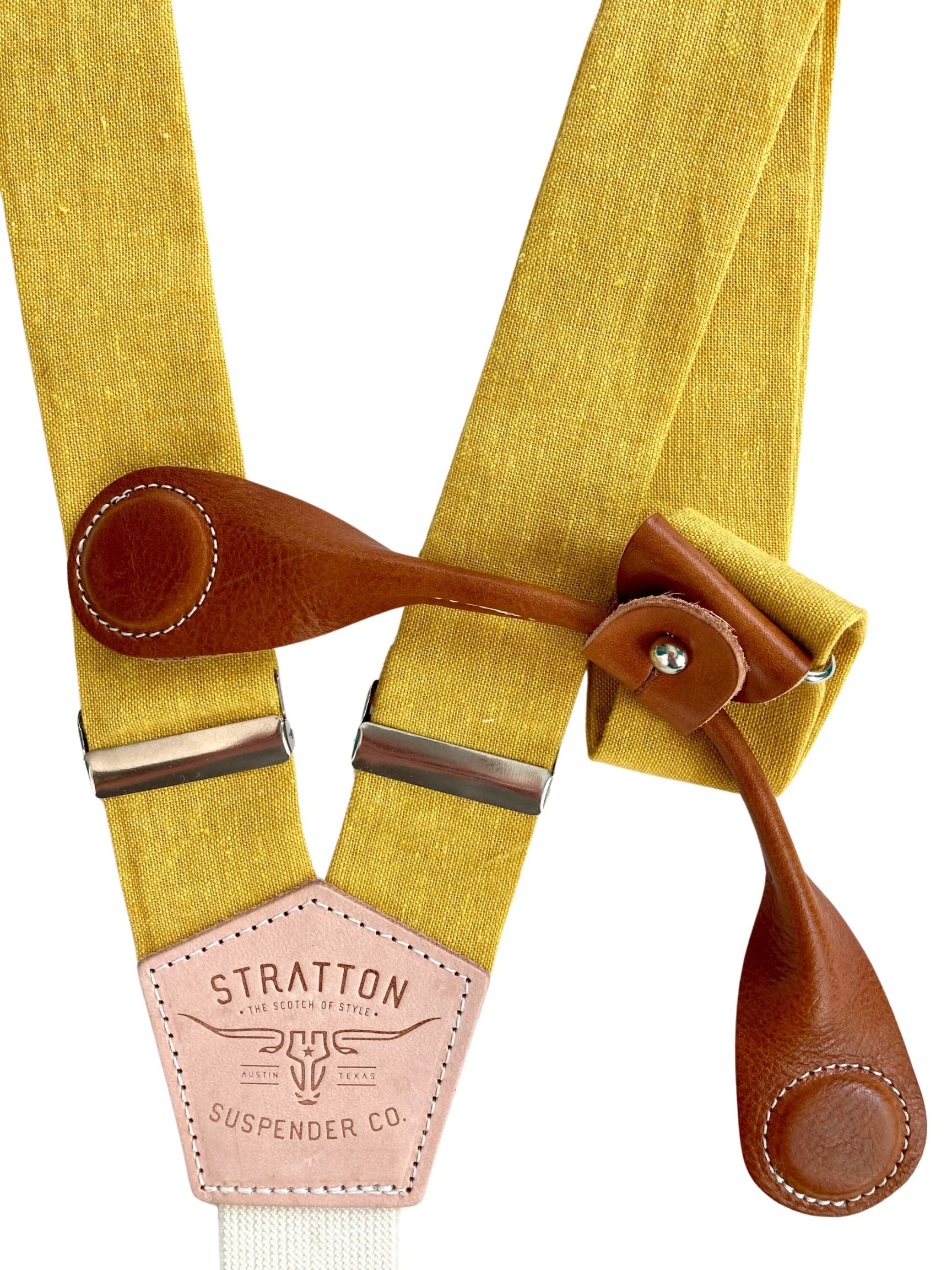 Stratton Suspender Co. features the Yellow linen suspenders on veg tan shoulder leather with cream colored elastic back strap for the Fall 2022 suspenders collection Magnetic Stratton Suspender clasps in Tan Pontedero Italian leather hand-picked by Stratton Suspender Co.