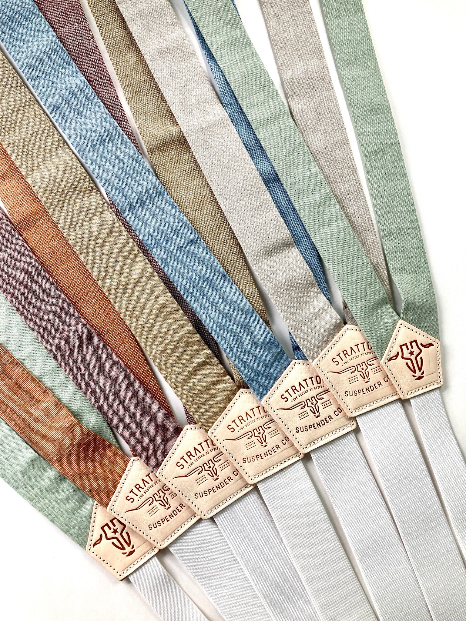Custom Wedding Order of Multi-Color Linen Suspenders with Button-On Attachments – Perfect for Rustic Wedding Themes & Groomsmen Gifts. Handmade Heritage American Menswear – Ethically Crafted in Texas by Stratton Suspender Co.