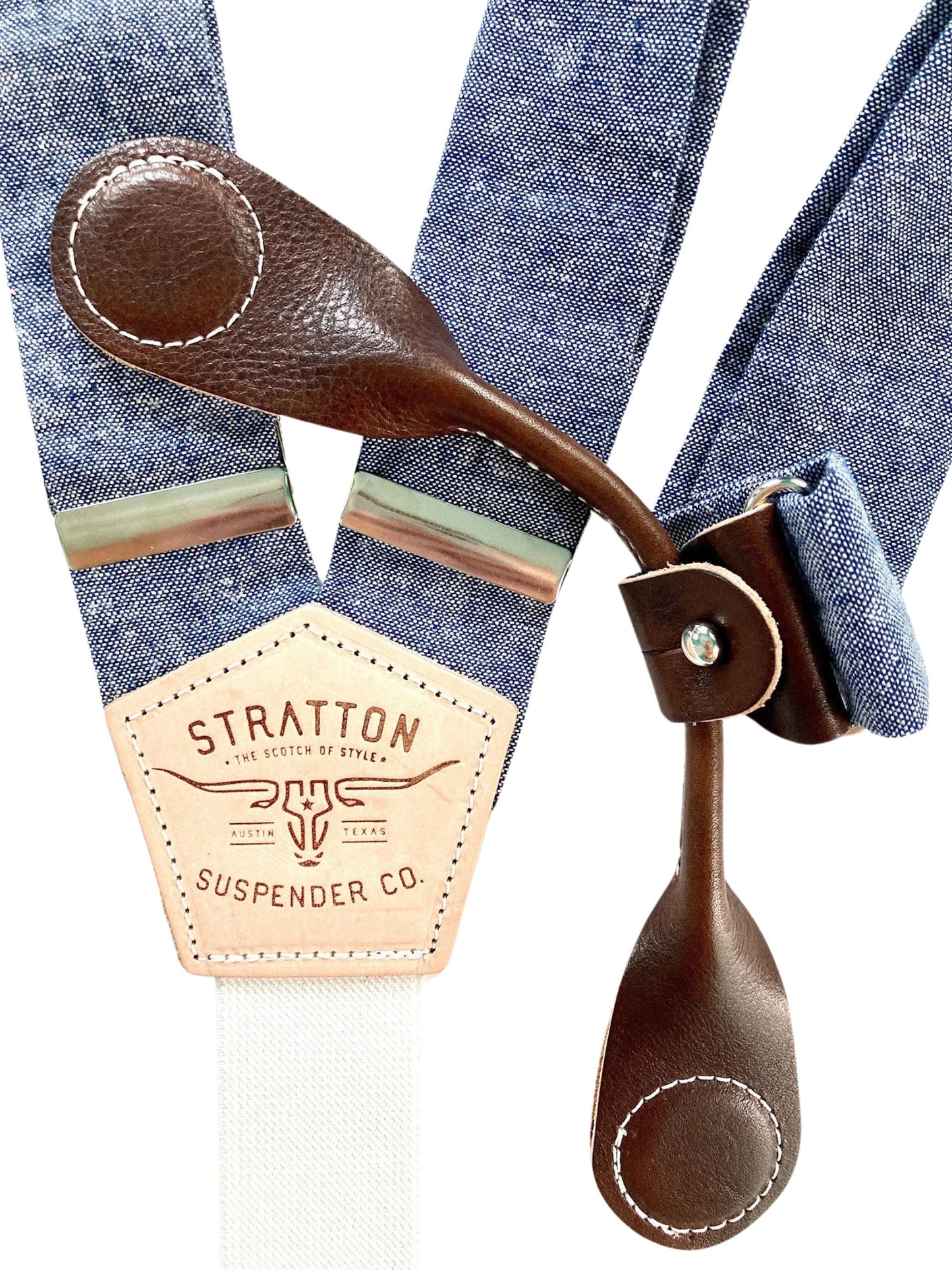 Stratton Suspenders in Blue Bonnet Blue Linen Paired with Chocolate Pontedero Leather Magnetic Clasps