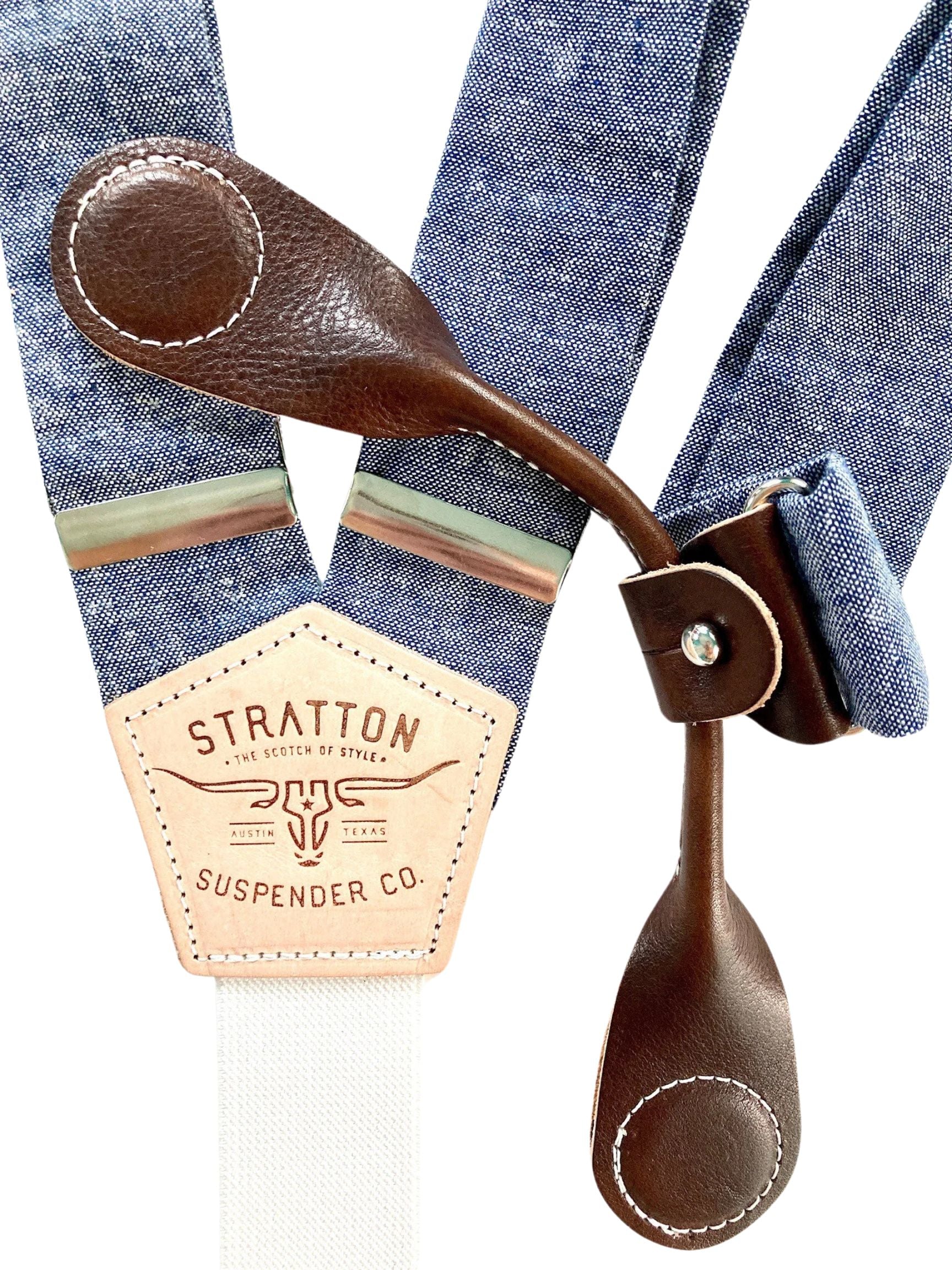 Stratton Suspenders in Blue Bonnet Blue Linen Paired with Chocolate Pontedero Leather Magnetic Clasps