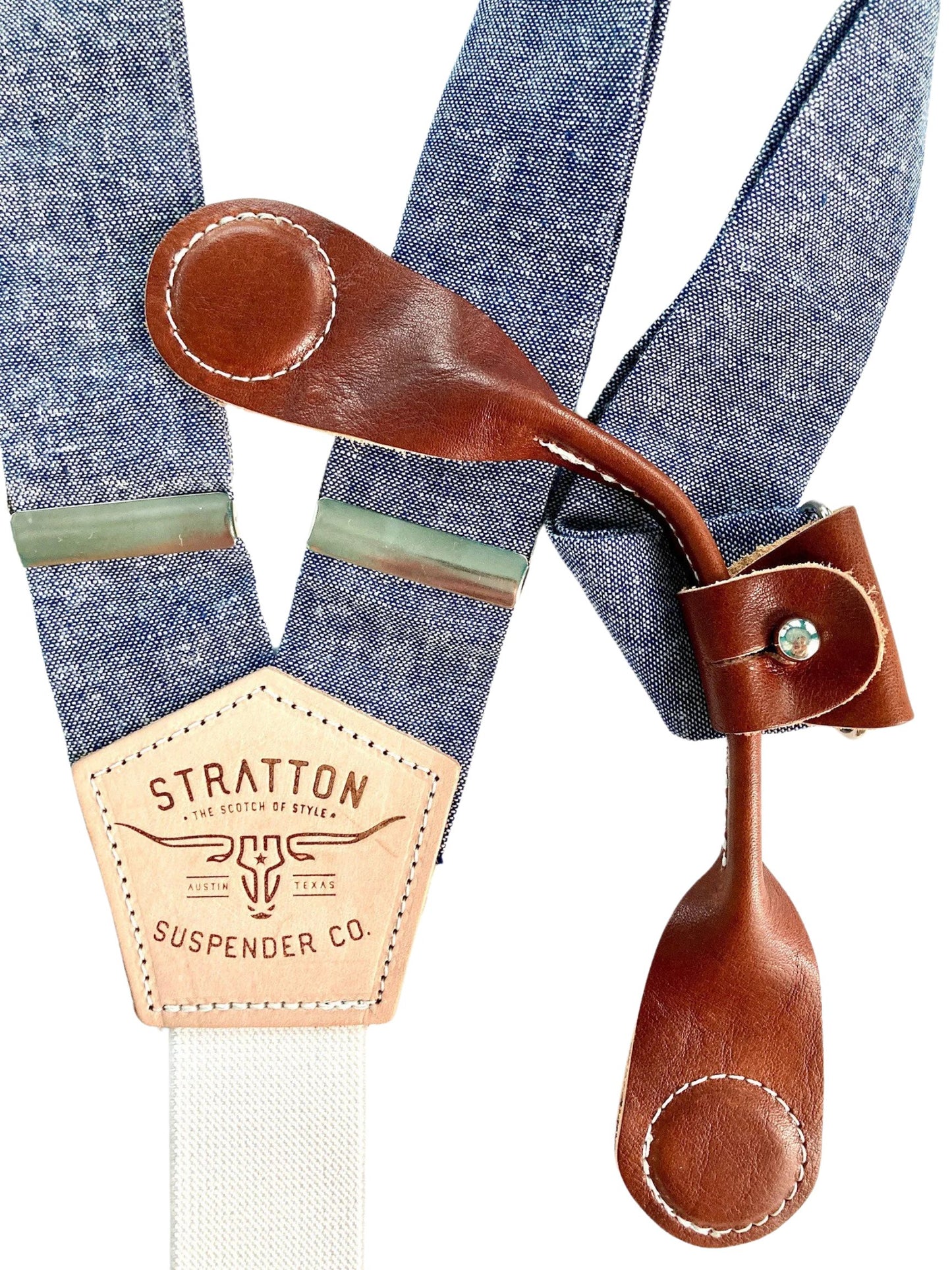 Stratton Suspenders in Blue Bonnet Blue Linen Paired with Cognac Pontedero Leather Magnetic Clasps