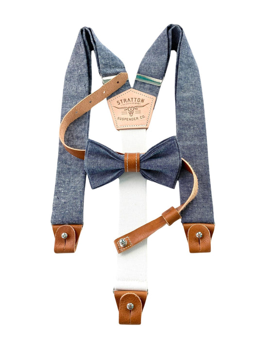 Wedding Supender and Bowtie Set in Blue Linen