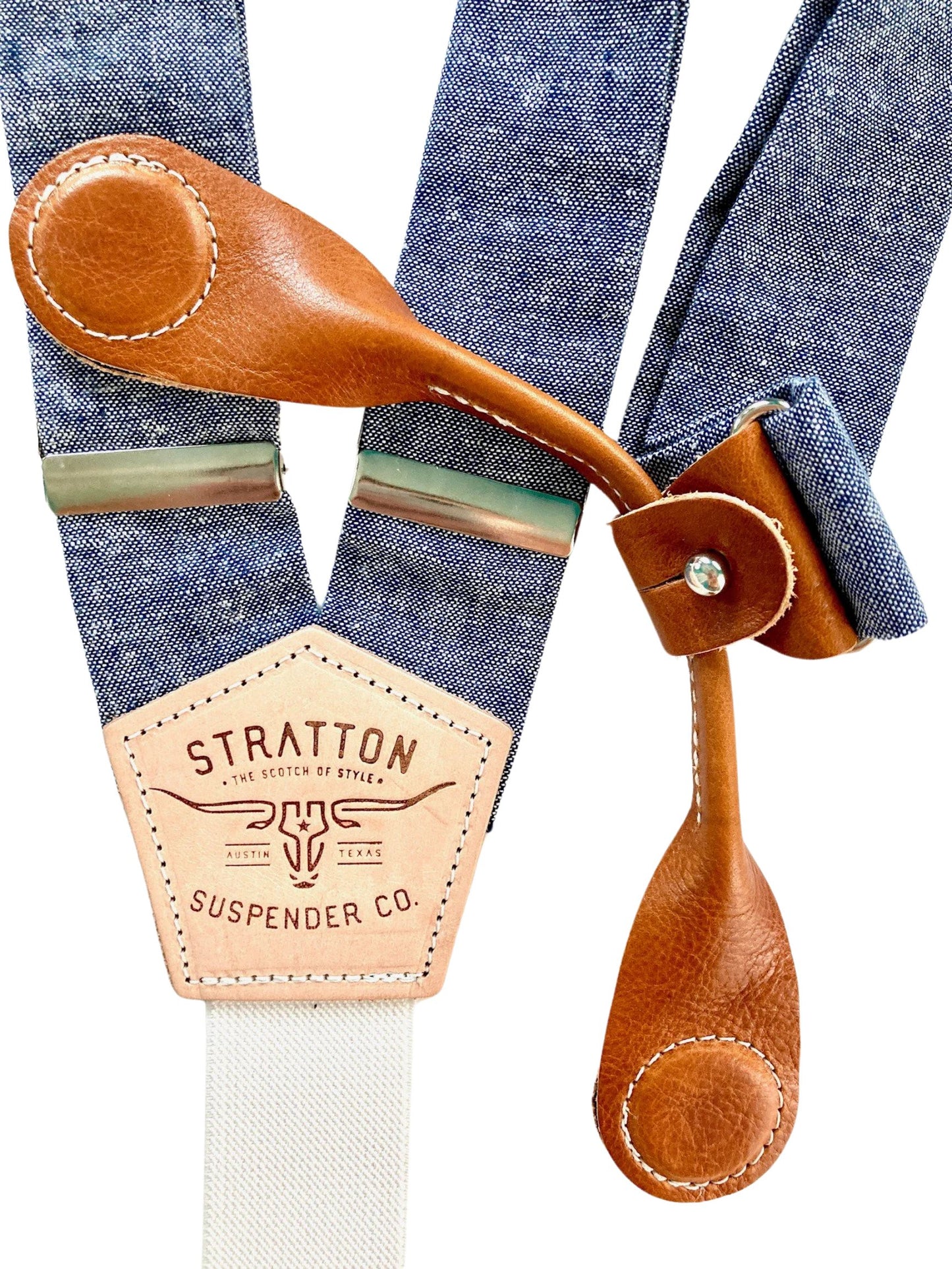 Stratton Suspenders in Blue Bonnet Blue Linen Paired with Tan Pontedero Leather Magnetic Clasps