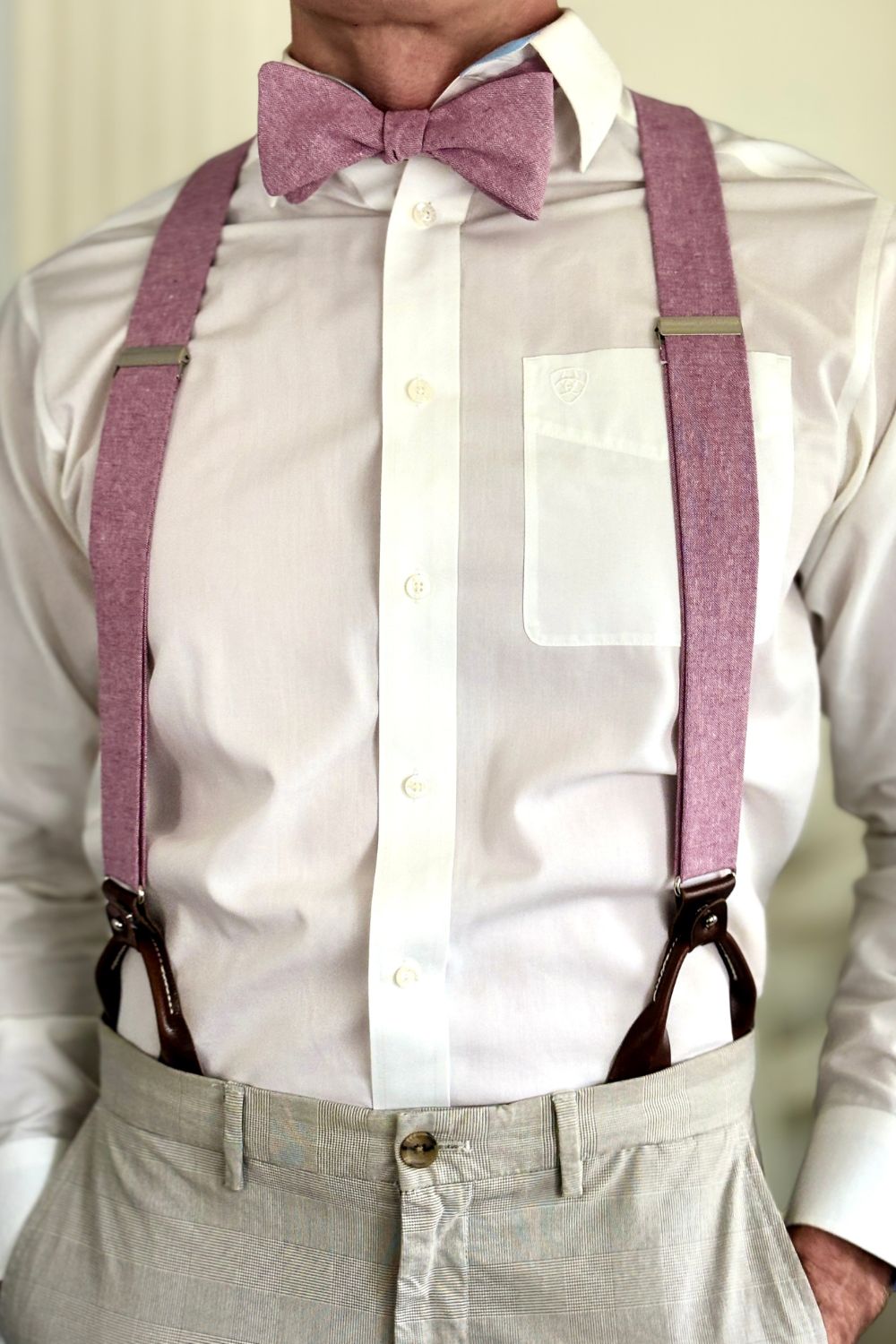 Dusty Mauve Linen Bow Tie and Button-On Suspenders