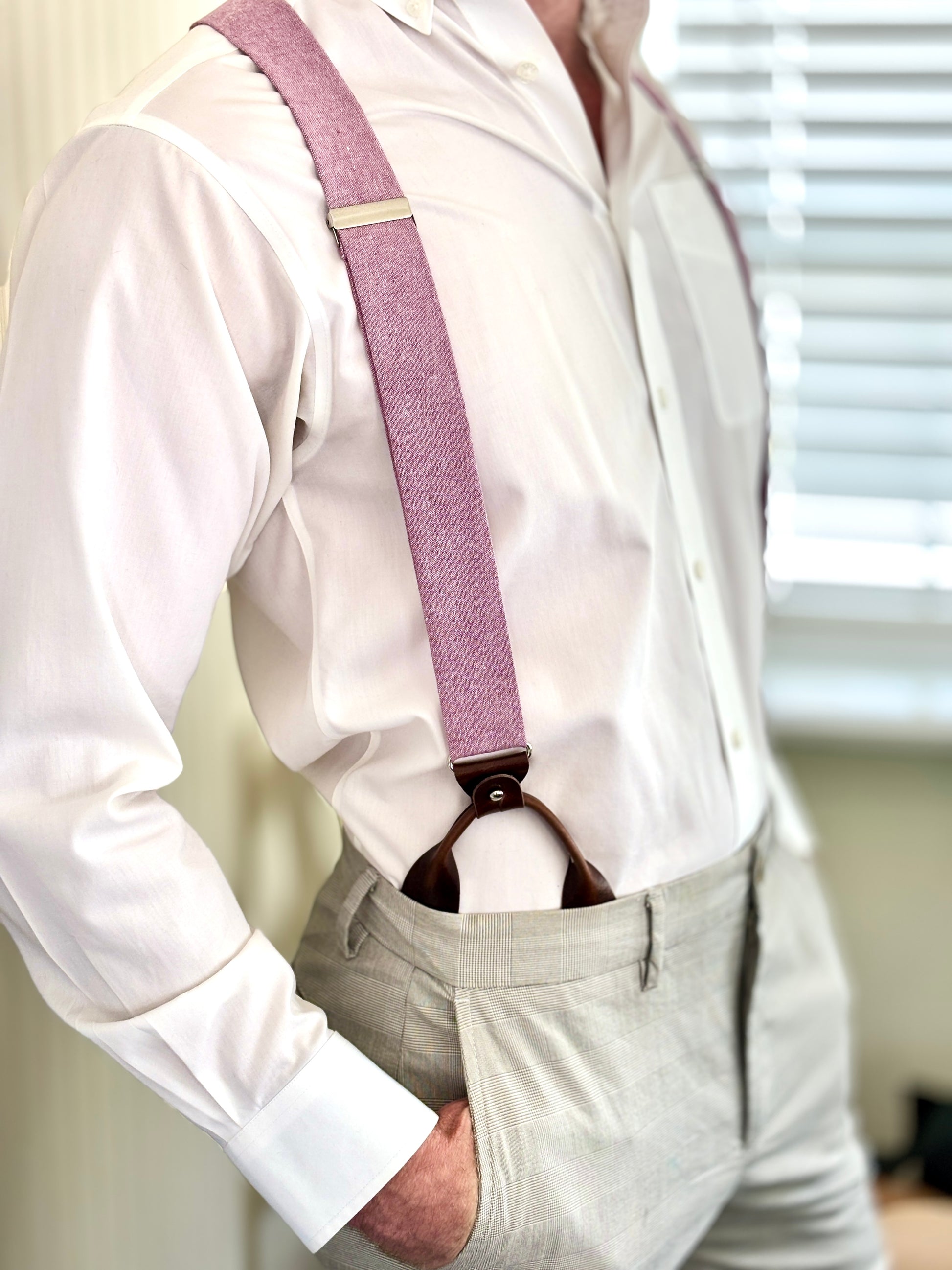 pink dress shirt with suspenders Happy Smiling Boyfriend Pink Shirt Suspenders Stock Photo 1018915723