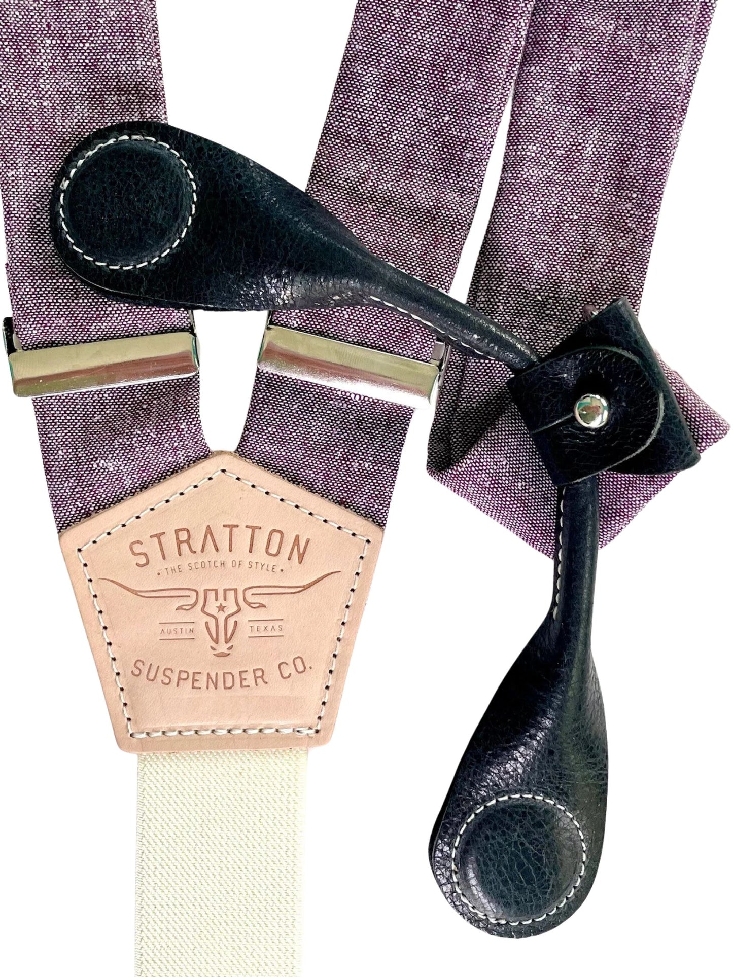 Stratton Suspender Co. features the Purple linen suspenders on veg tan shoulder leather with cream colored elastic back strap for the Fall 2022 suspenders clasps in Black Pontedero Italian leather hand-picked by Stratton Suspender Co.