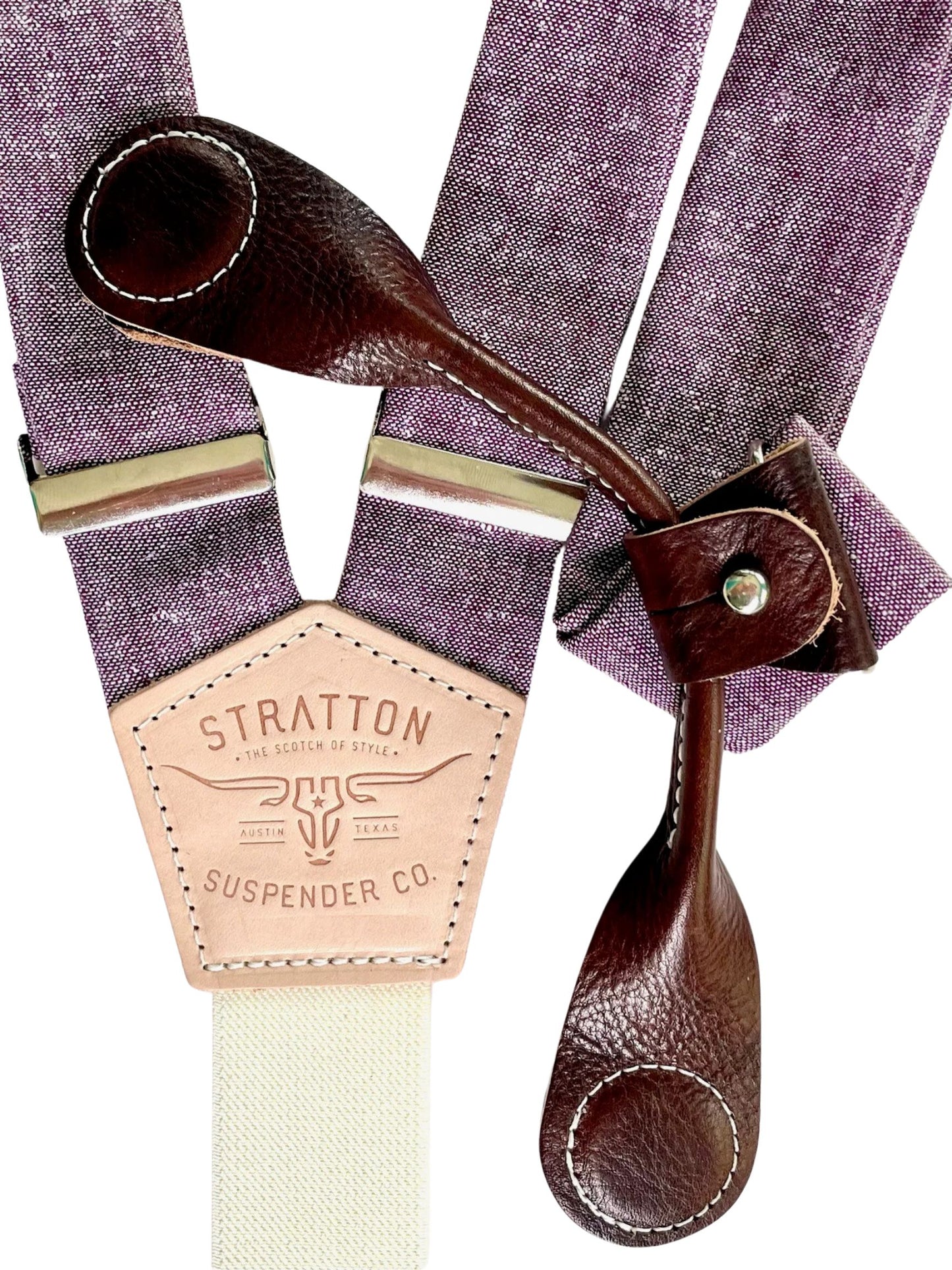 Stratton Suspender Co. features the Purple linen suspenders on veg tan shoulder leather with cream colored elastic back strap for the Fall 2022 suspenders clasps in Chocolate Pontedero Italian leather hand-picked by Stratton Suspender Co.