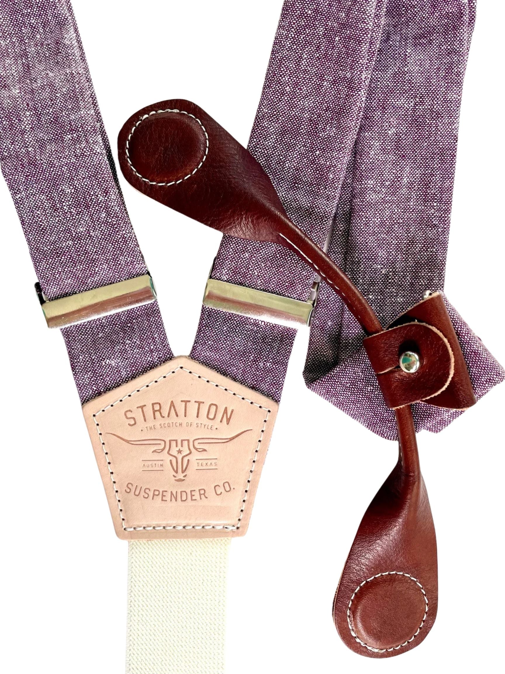 Stratton Suspender Co. features the Purple linen suspenders on veg tan shoulder leather with cream colored elastic back strap for the Fall 2022 suspenders clasps in Cognac Pontedero Italian leather hand-picked by Stratton Suspender Co.