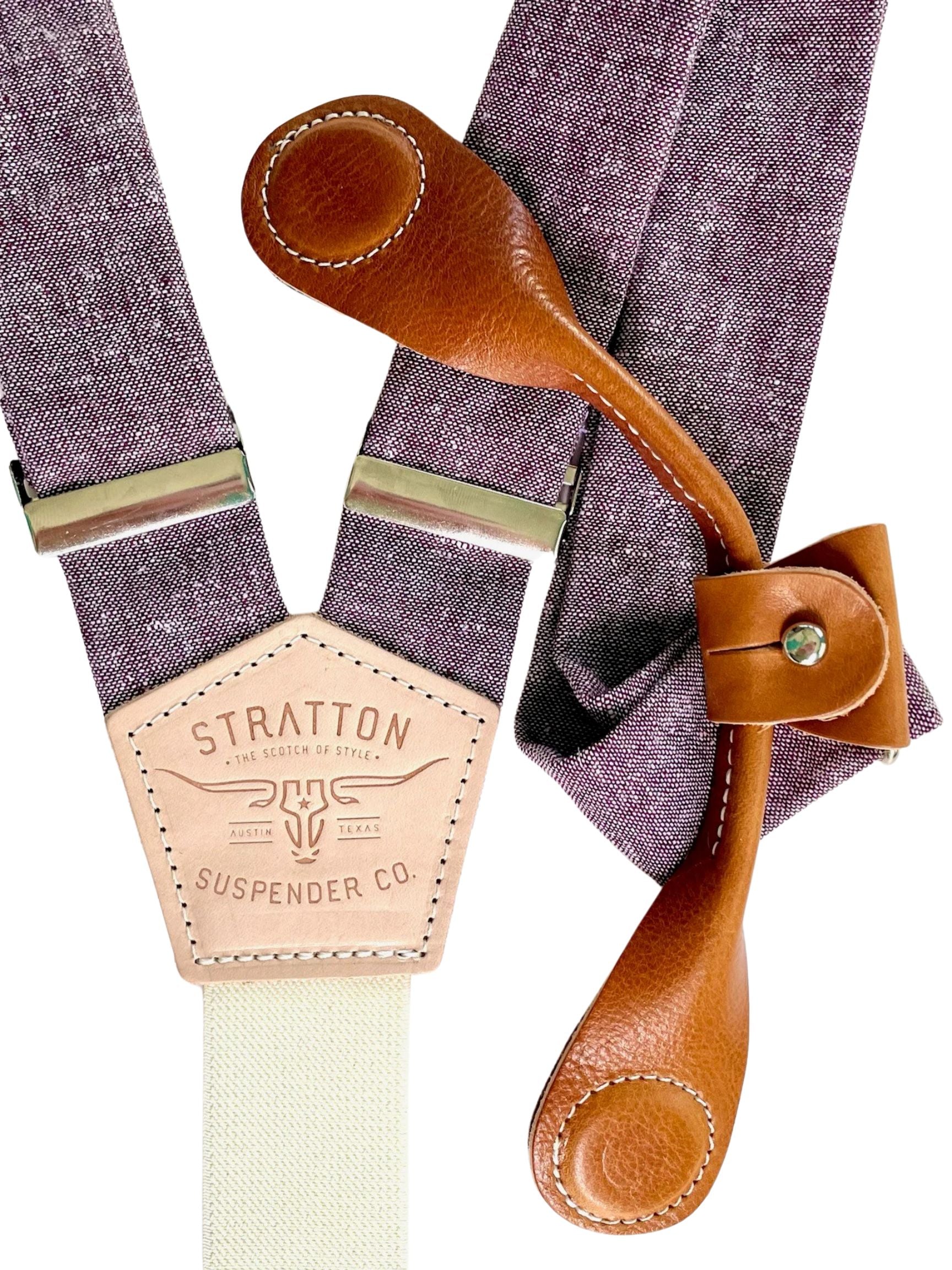 Stratton Suspender Co. features the Purple linen suspenders on veg tan shoulder leather with cream colored elastic back strap for the Fall 2022 suspenders clasps in Tan Pontedero Italian leather hand-picked by Stratton Suspender Co.