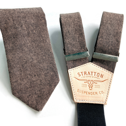 Espresso Matching Linen Tie and Button-On Suspender Gift Set