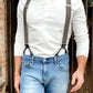 Espresso Brown Linen Suspenders with Black Leather Attachments – Styled with Stratton Suspender Co. Vintage Long Sleeve Henley and Vintage Levi's – Handmade in Austin, Texas – Vintage Austin Texas Style