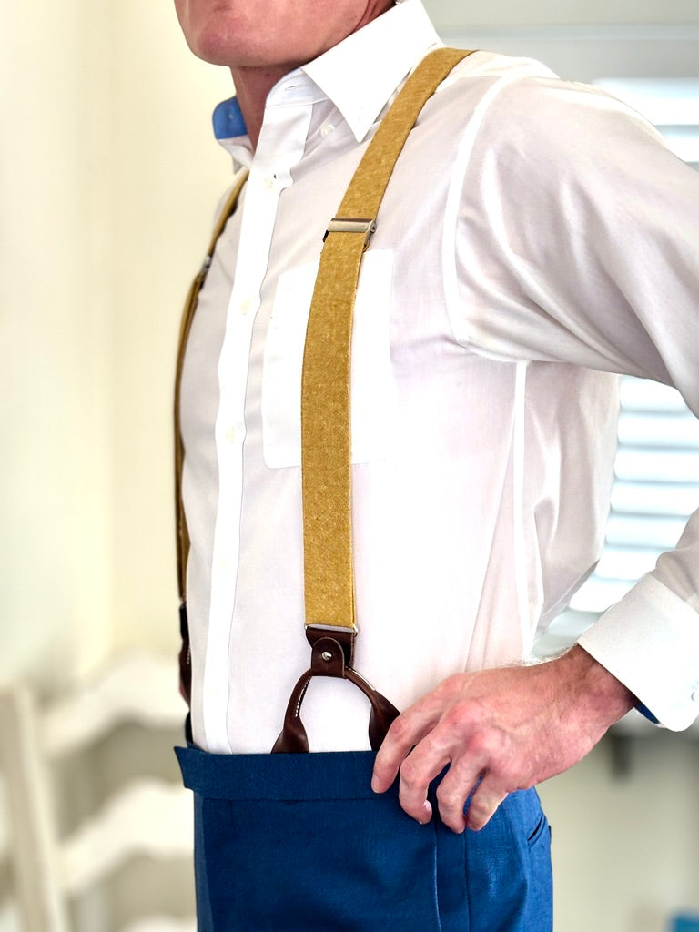 Marigold Yellow Linen Wedding Suspenders – Handmade Button-On Braces for Grooms & Groomsmen