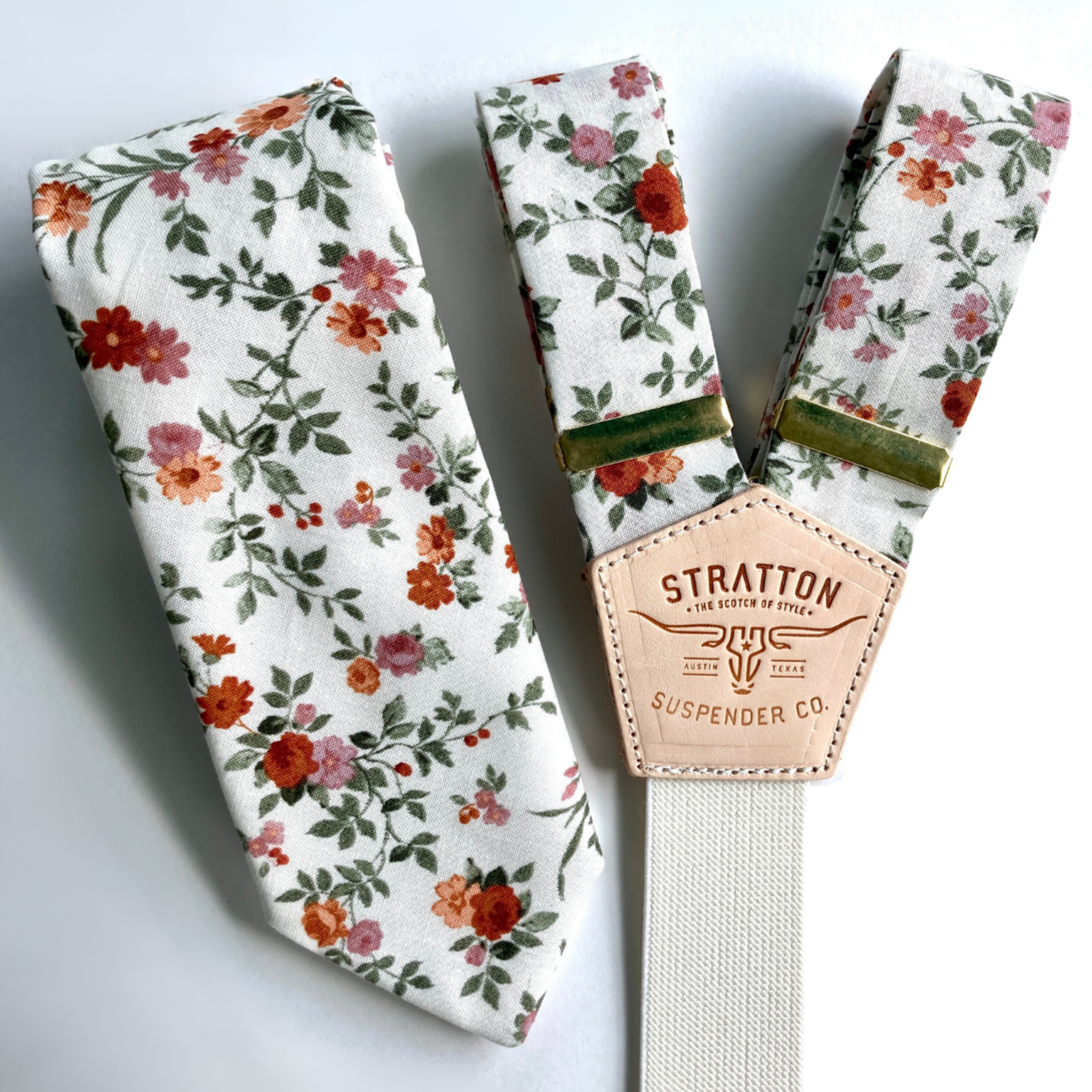 Pink and Orange Floral Matching Tie and Button-On Suspender Gift Set