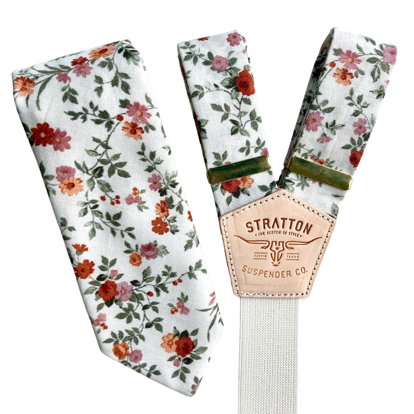 pink and orange floral suspenders for fall weddings and matching tie