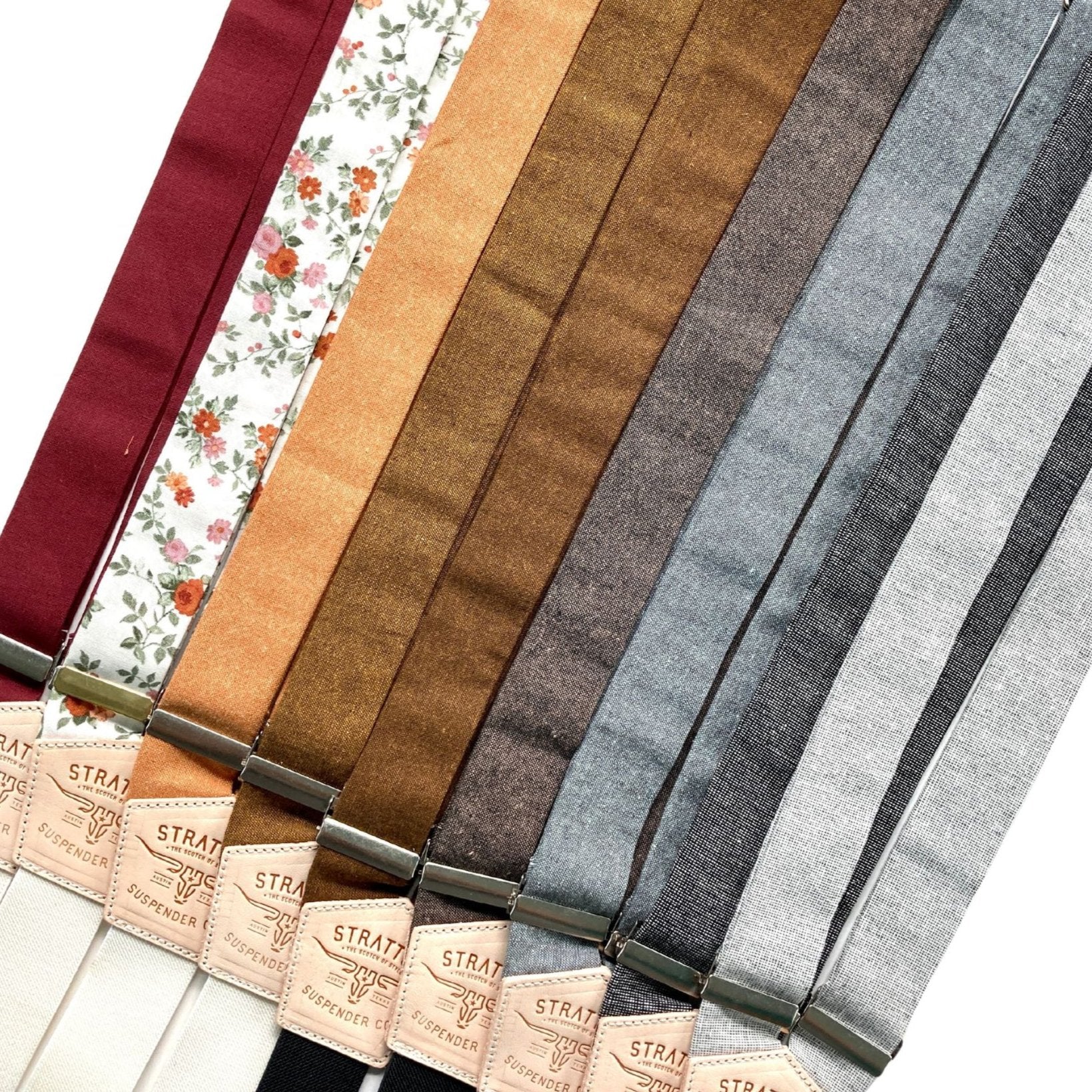 Winter Wedding Suspenders from Stratton Suspender Co. Grey, Black, Shale, Espresso, Cinnamon, Copper, Burnt Orange, Floral, and Red Wine