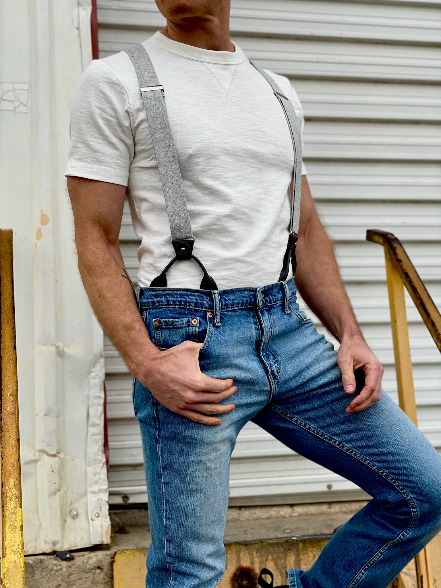 Vintage Pre-War Woven Fitted T Shirt By Stratton Suspender Co. with Vintage Handwoven Button On Suspenders in Austin Texas