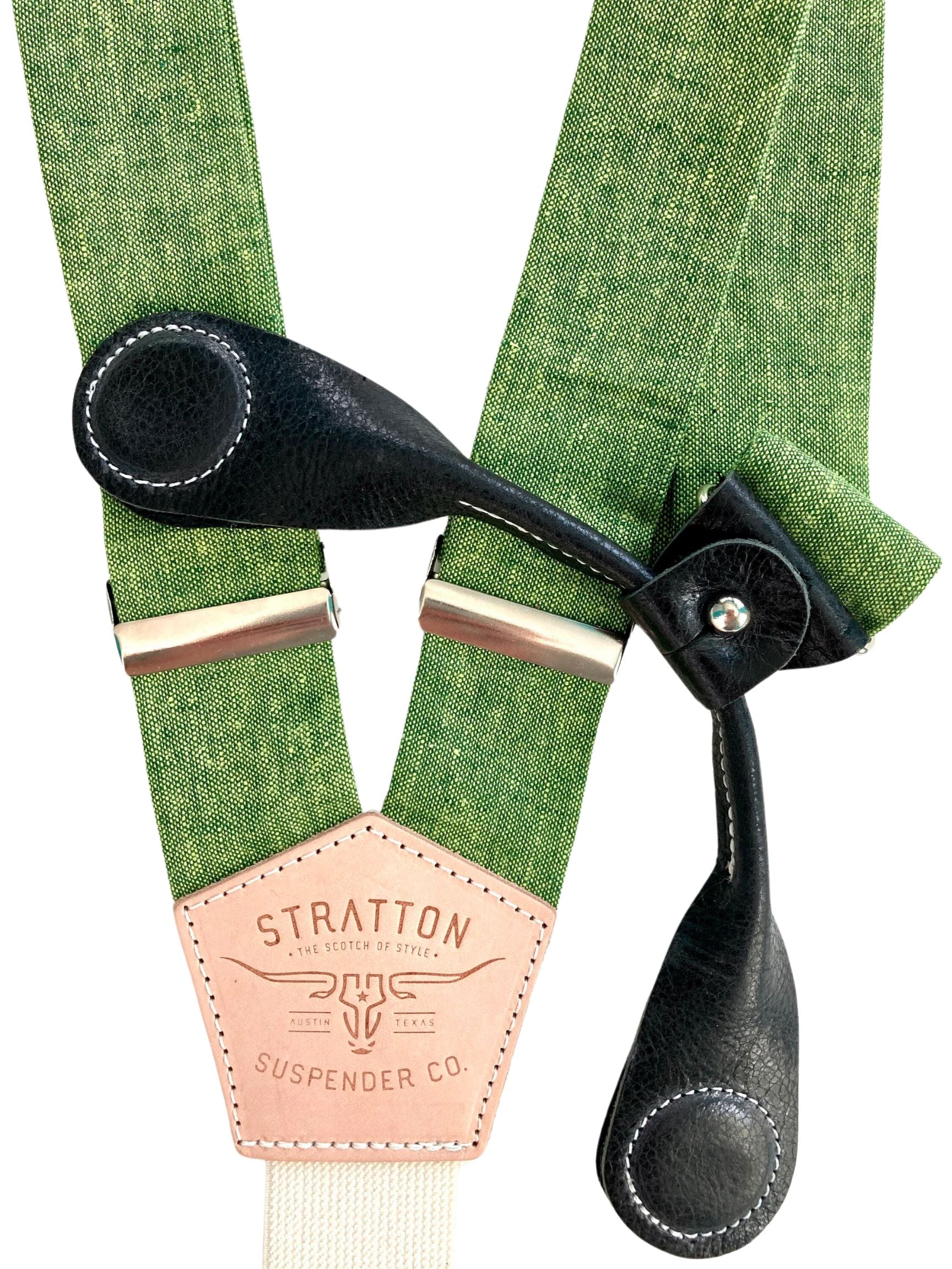 Stratton Suspender Co. features our Spruce (bright green) linen suspenders on veg tan shoulder leather with cream colored elastic back strap for the Fall 2022 suspenders collection Magnetic Stratton Suspender clasps in Black Pontedero Italian leather hand-picked by Stratton Suspender Co