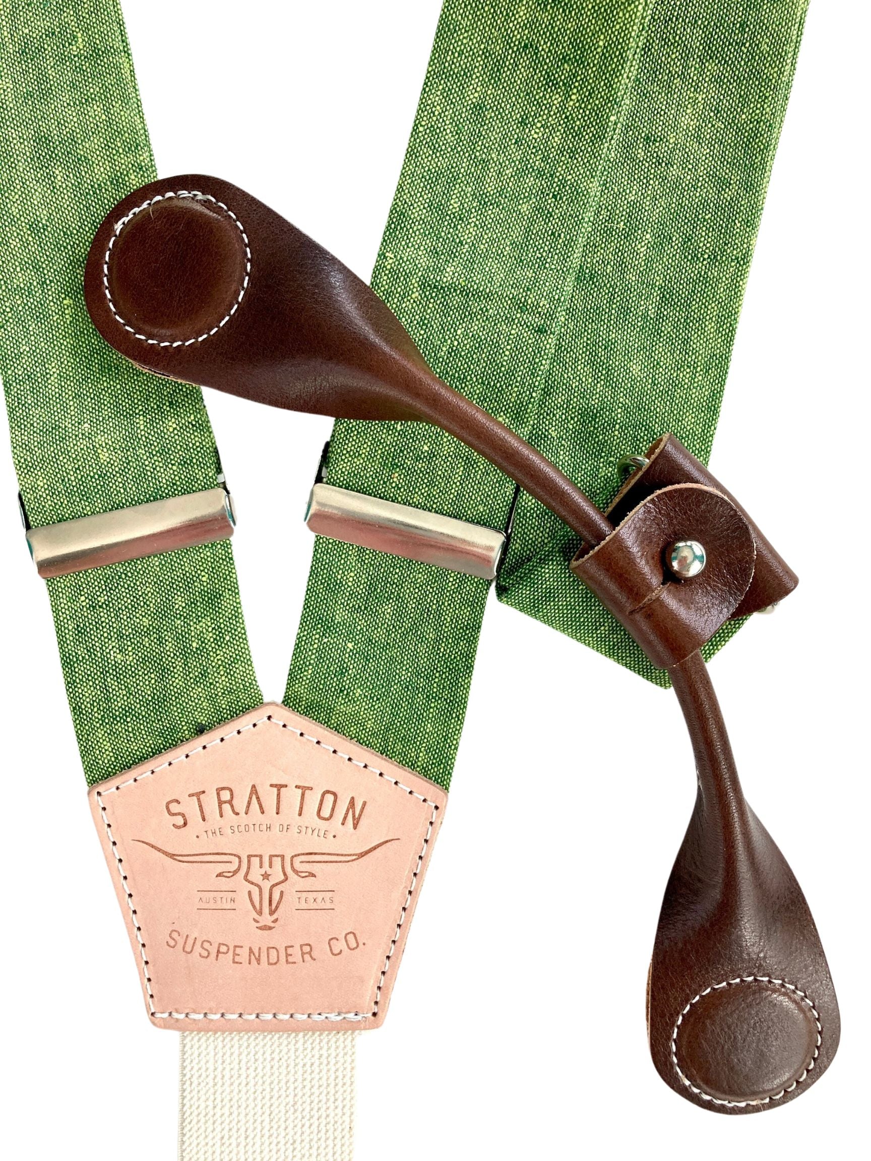 Stratton Suspender Co. features our Spruce (bright green) linen suspenders on veg tan shoulder leather with cream colored elastic back strap for the Fall 2022 suspenders collection Magnetic Stratton Suspender clasps in Chocolate Pontedero Italian leather hand-picked by Stratton Suspender Co