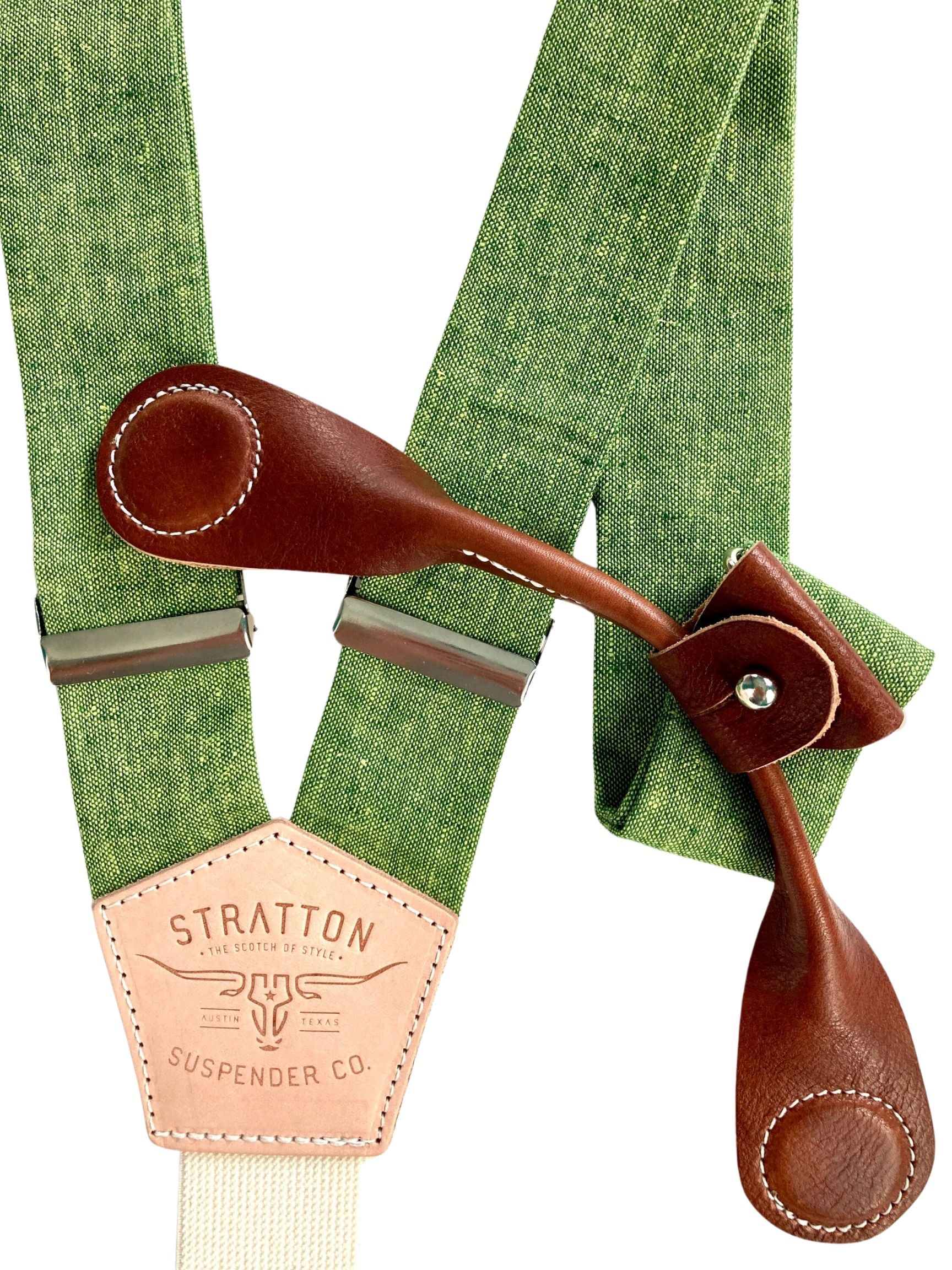 Stratton Suspender Co. features our Spruce (bright green) linen suspenders on veg tan shoulder leather with cream colored elastic back strap for the Fall 2022 suspenders collection Magnetic Stratton Suspender clasps in Cognac Pontedero Italian leather hand-picked by Stratton Suspender Co.