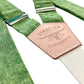 Stratton Suspender Co. features the Green linen suspenders on veg tan shoulder leather with cream colored elastic back strap for the Fall 2022 suspenders collection