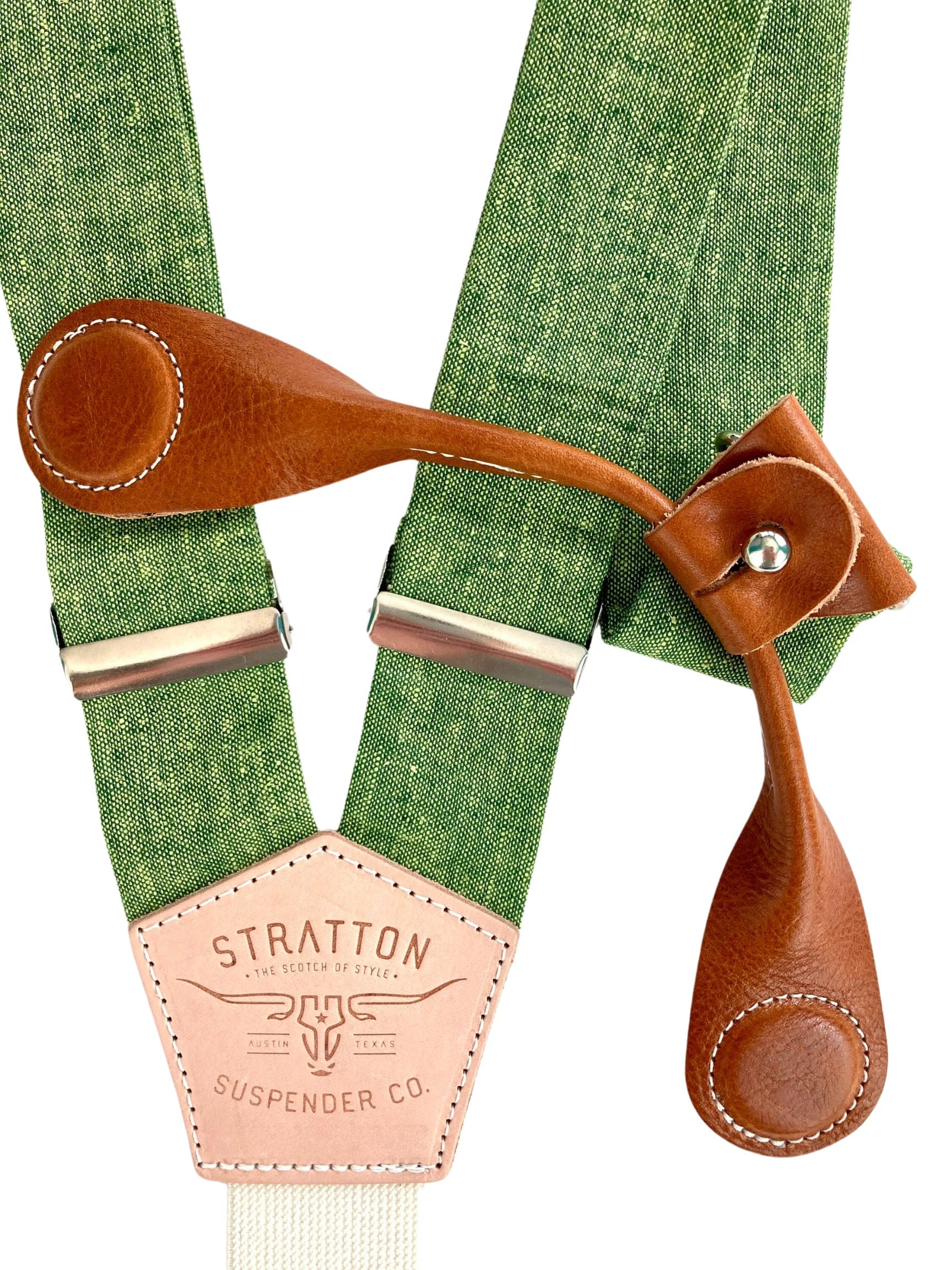 Stratton Suspender Co. features our Spruce (bright green) linen suspenders on veg tan shoulder leather with cream colored elastic back strap for the Fall 2022 suspenders collection Magnetic Stratton Suspender clasps in Tan Pontedero Italian leather hand-picked by Stratton Suspender Co.