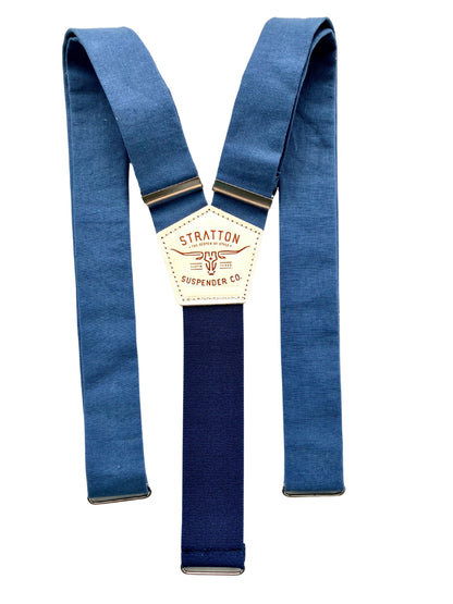 French blue linen suspenders with a navy back strap and silver hardware, handmade in the USA by Stratton Suspender Co., perfect for weddings, groomsmen, and vintage-inspired menswear.