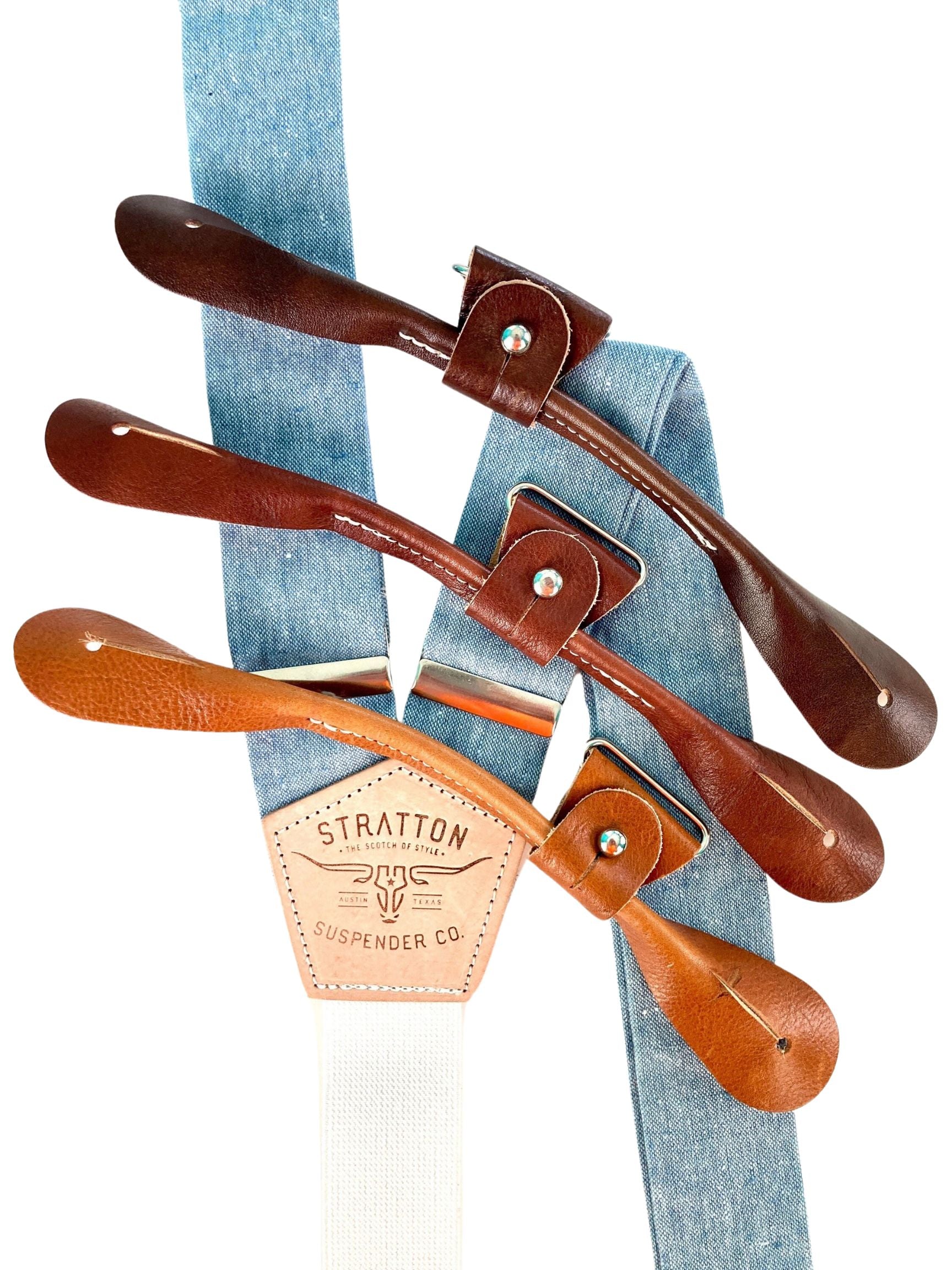 Stratton Suspender Co. Button On Set in Frio River Blue Linen featuring Tan, Cognac, Chocolate, and Black Italian Pontedero Leather