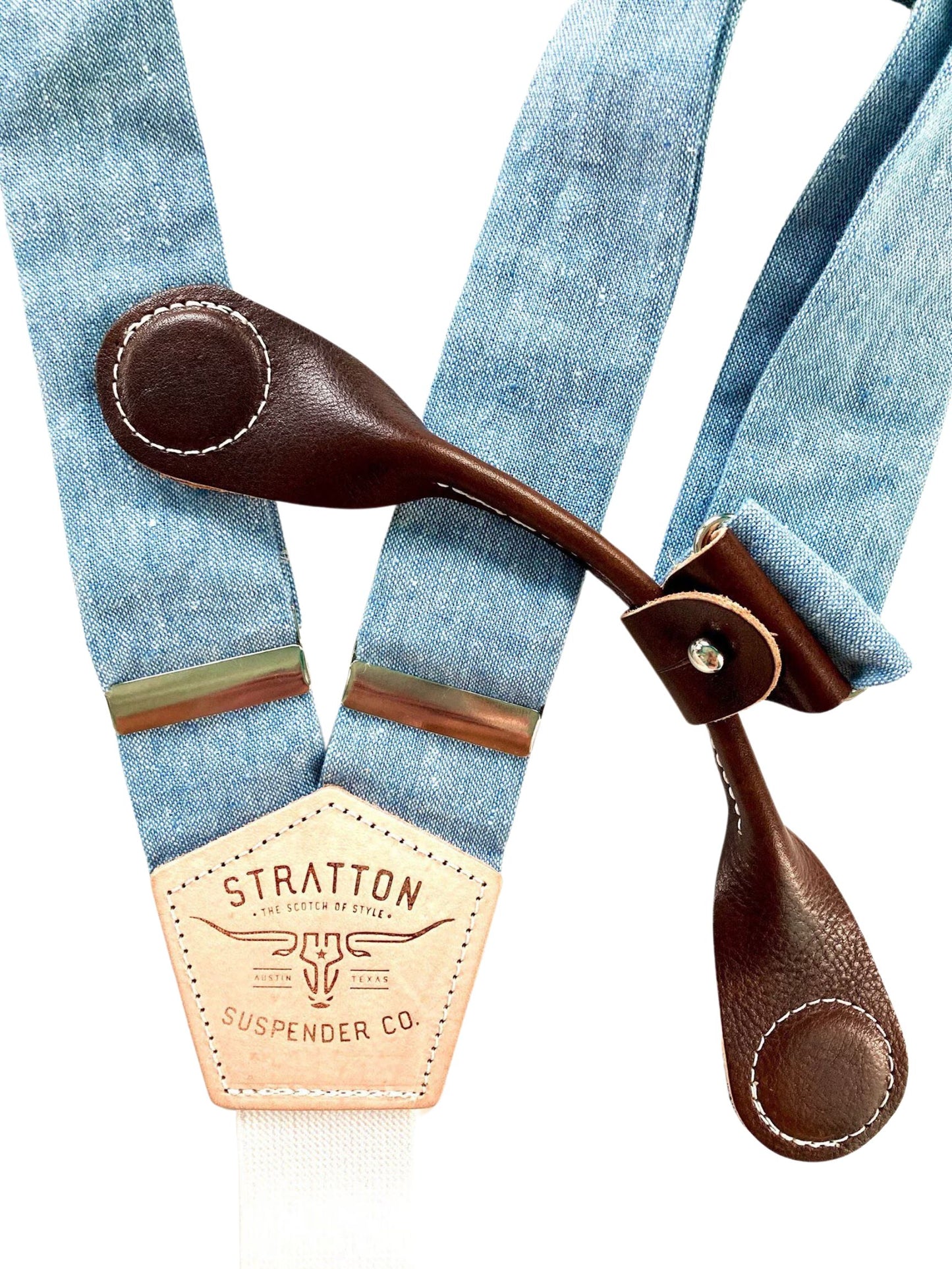 Stratton Suspenders in Frio River Blue Linen Paired with Chocolate Pontedero Leather Magnetic Clasps