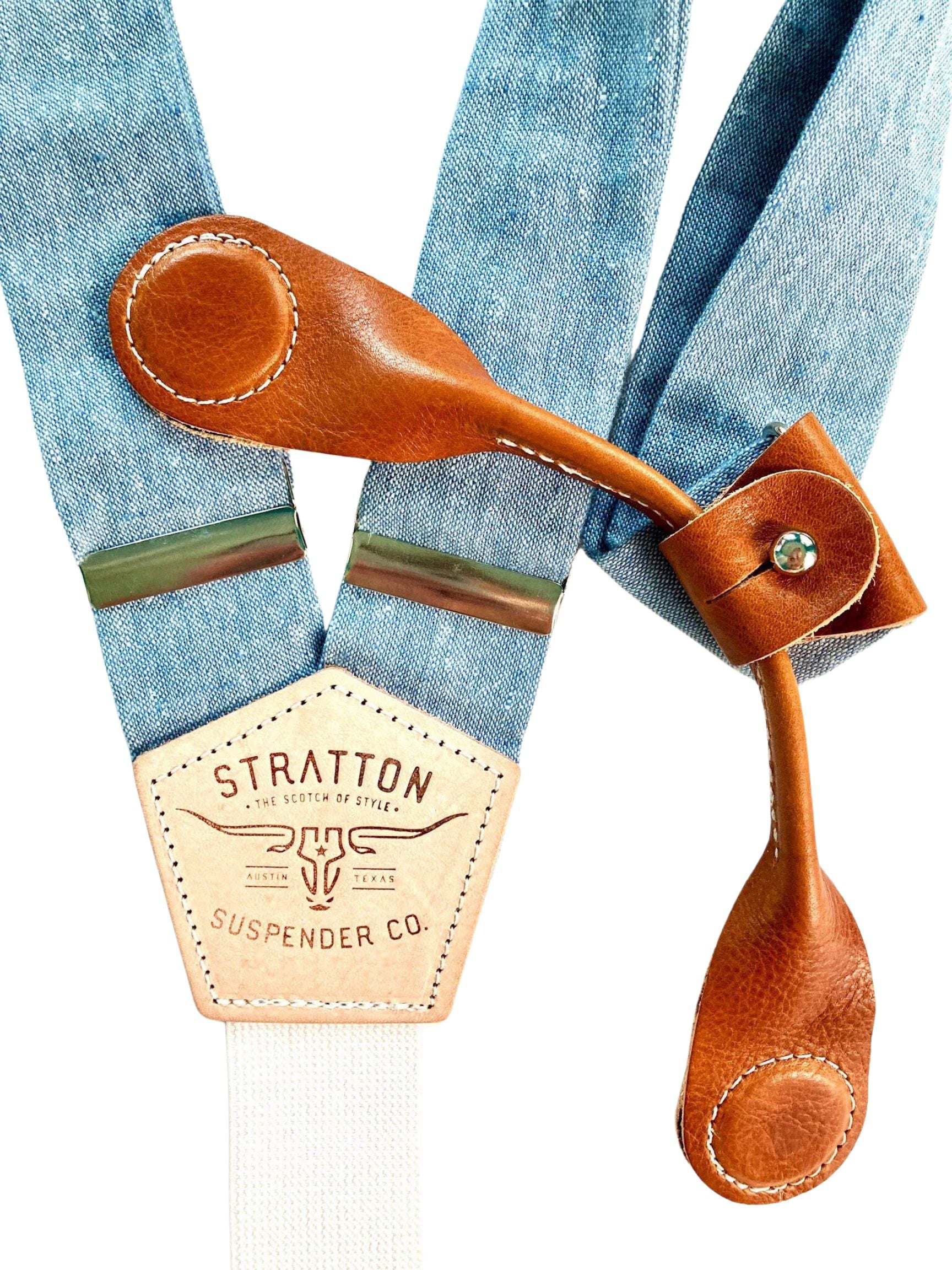 Stratton Suspenders in Frio River Blue Linen Paired with Tan Pontedero Leather Magnetic Clasps