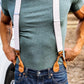 Stratton Suspender Co. vintage linen Beige straps with Tan clasps with Green T-shirt and vintage jeans summer style